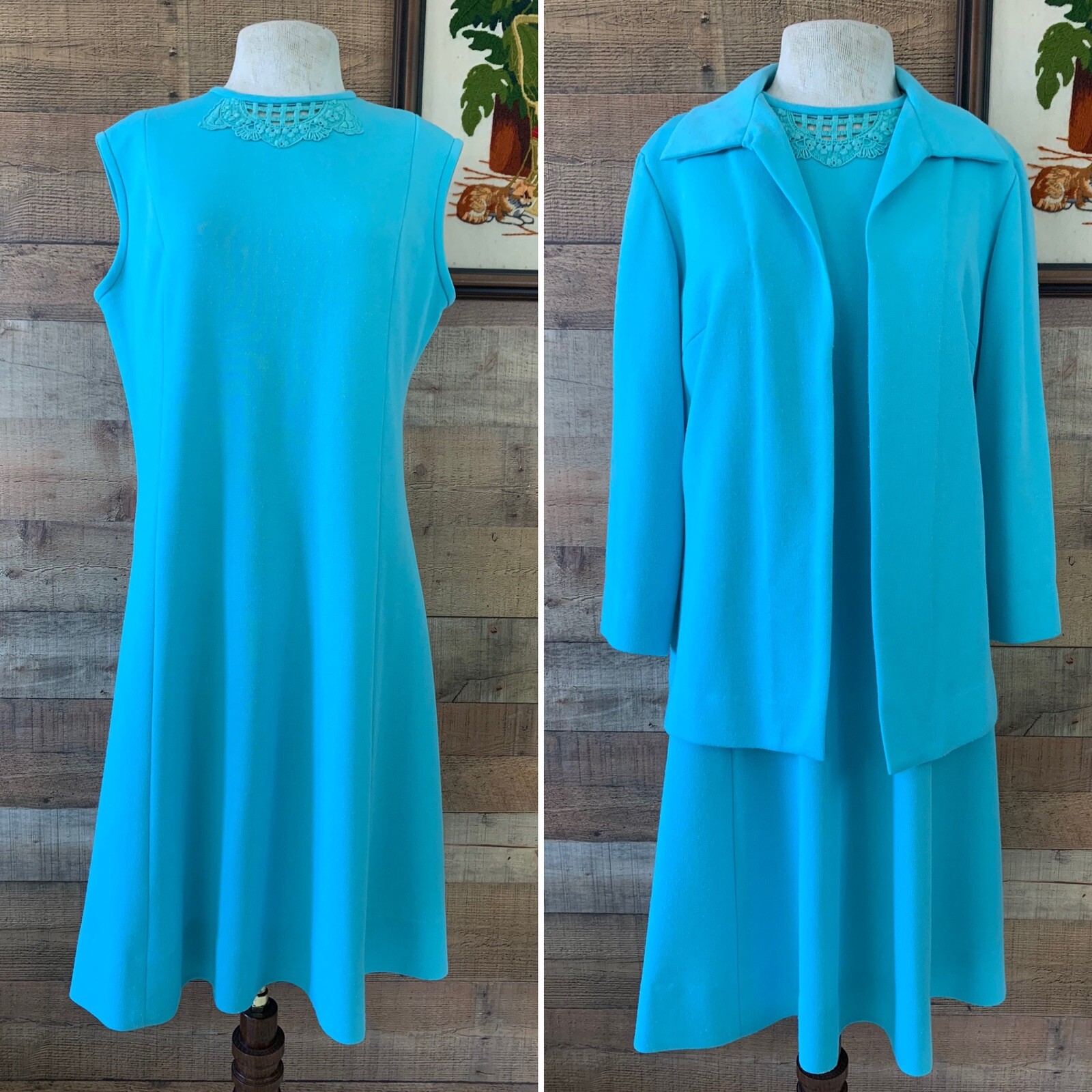 Vintage 1970s Bleeker Street Turquoise Knit Matching Dress Jacket Set Sz Large