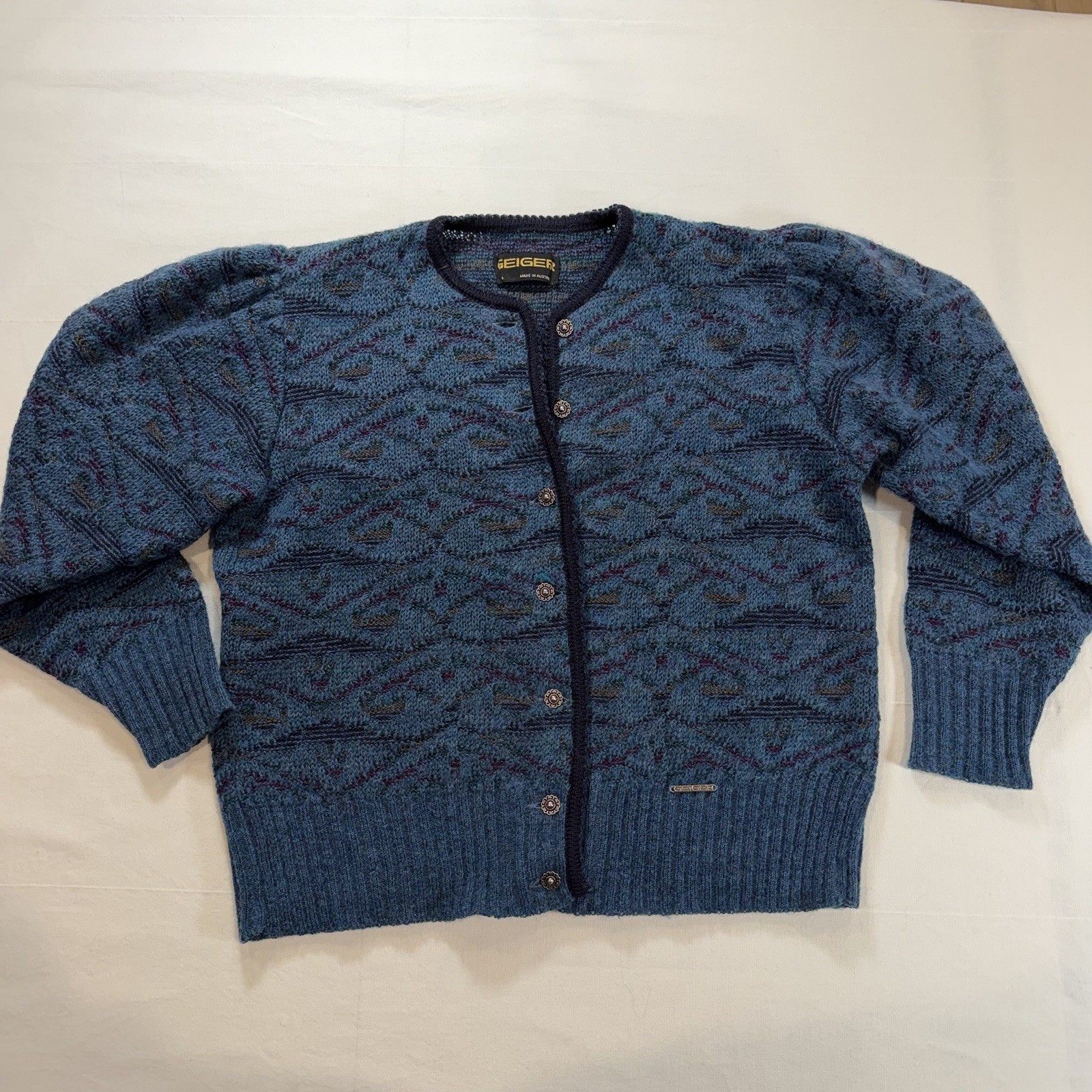 Geiger Vintage Women’s Blue Pure New Wool Blend Geometric Button-Up Sweater-6