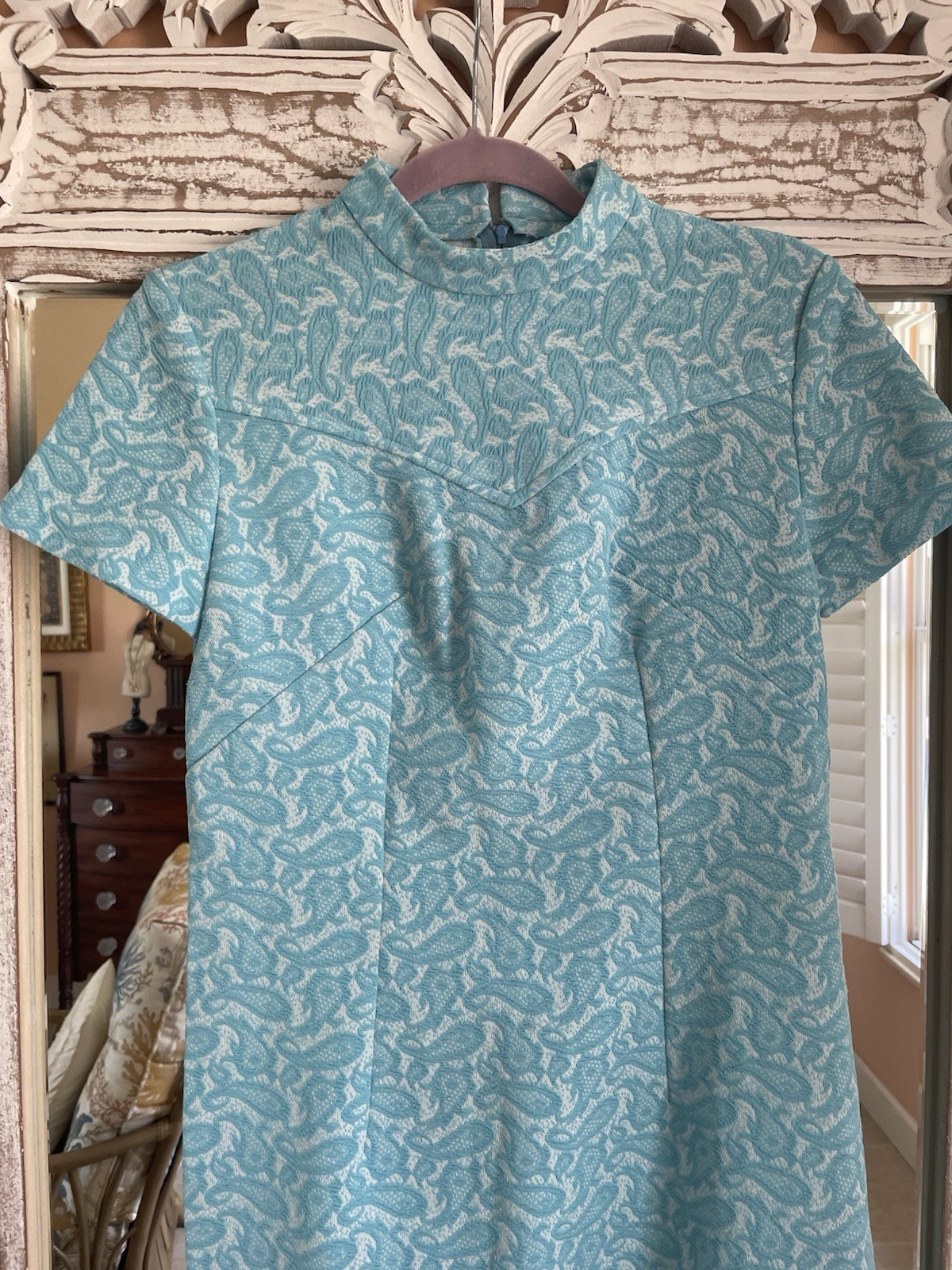 Vintage Handmade Blue Textured Poly Paisley Print Short Dress Sm