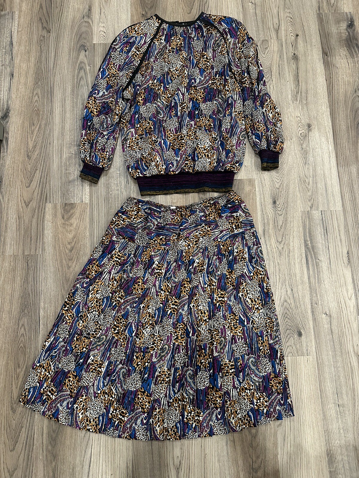 VTG JO HANNA YORK Sz 14.5 2-Piece Pleated Brown Blue Purple Leopard Skirt Blouse
