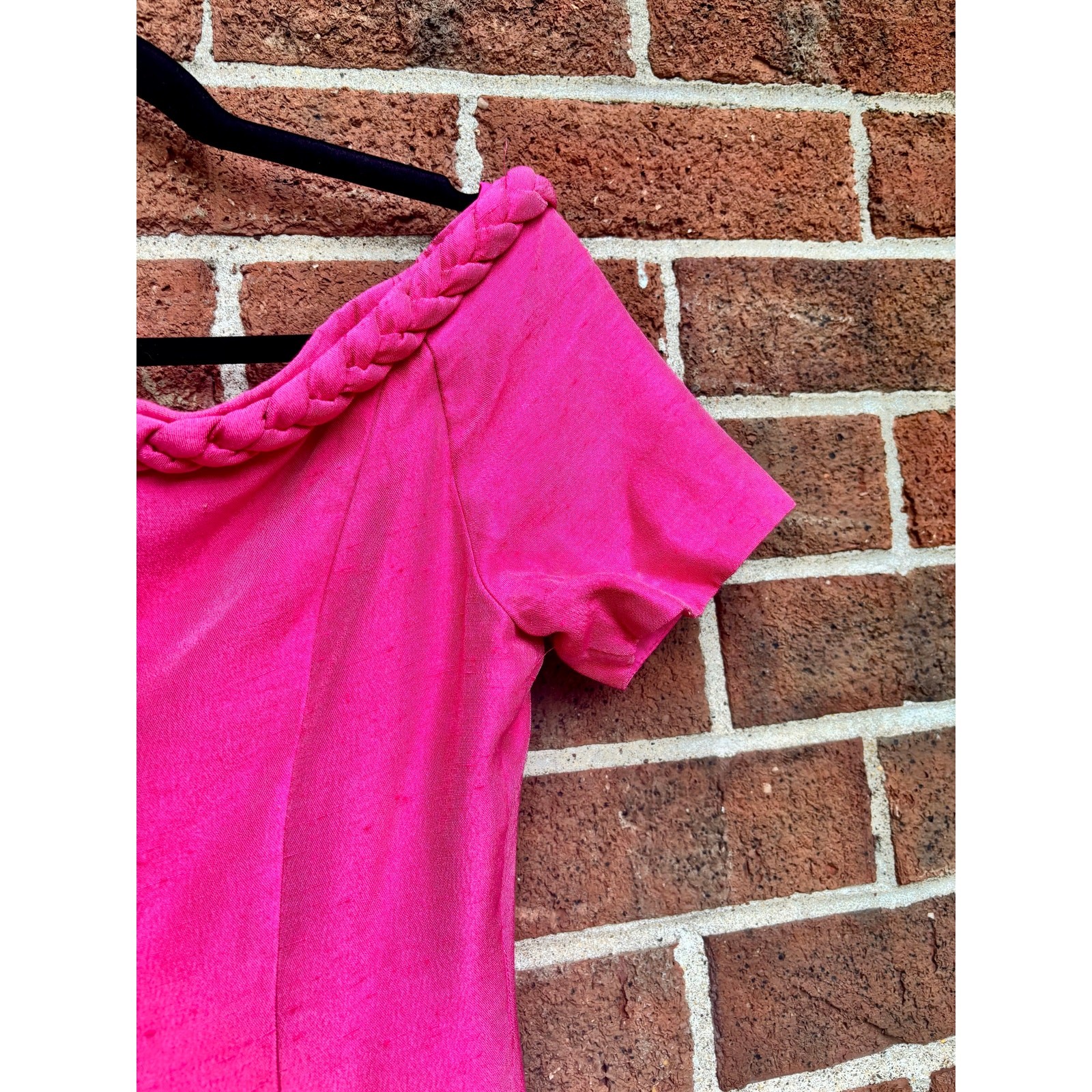 Vintage 1990s Watters Hot Pink Evening Gown Braided Neckline Midi Dress AS IS