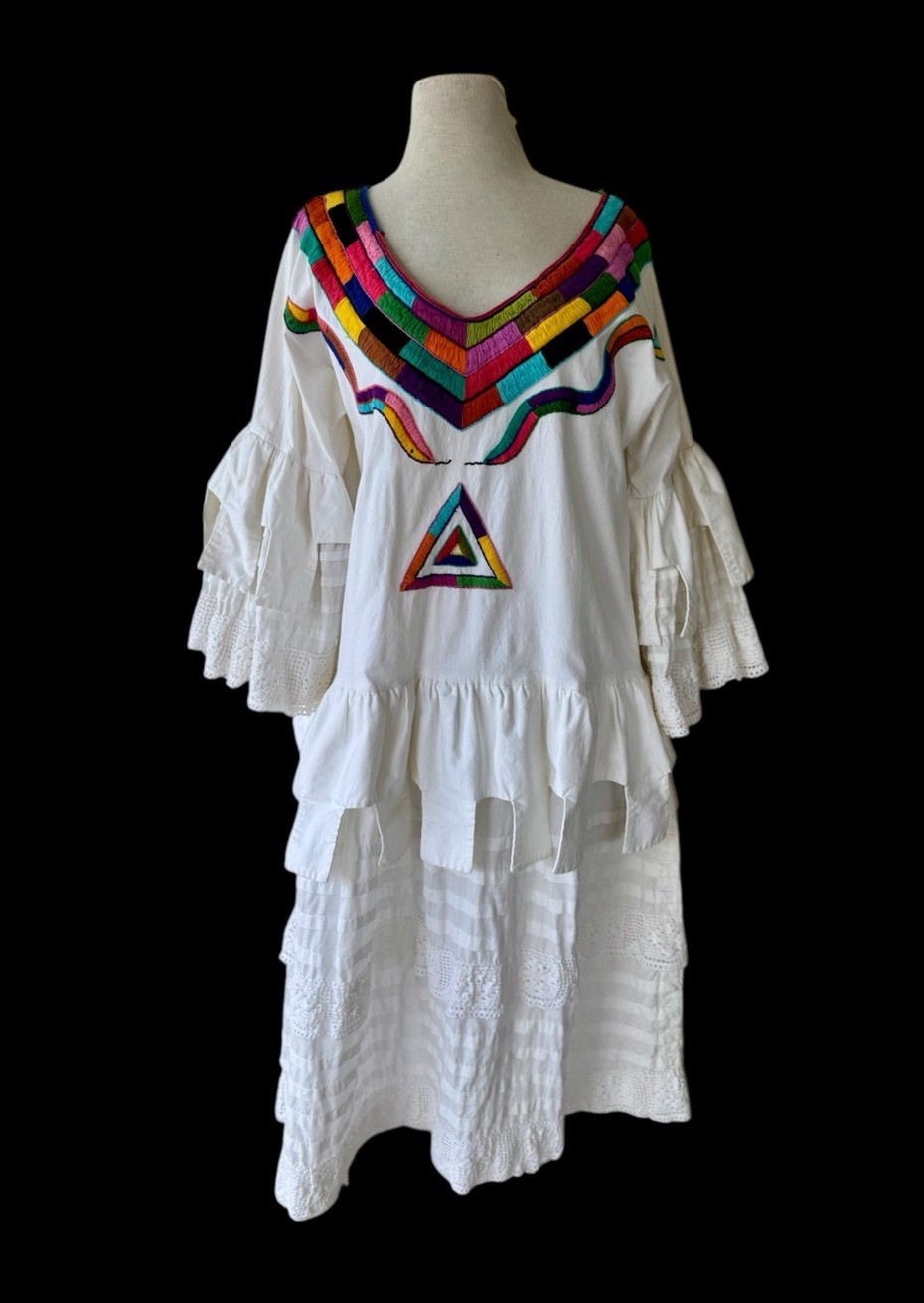 Vtg Paco Silva Mexican Wedding Dress Colorful Embroidery Crochet Lace XL 2X 70s