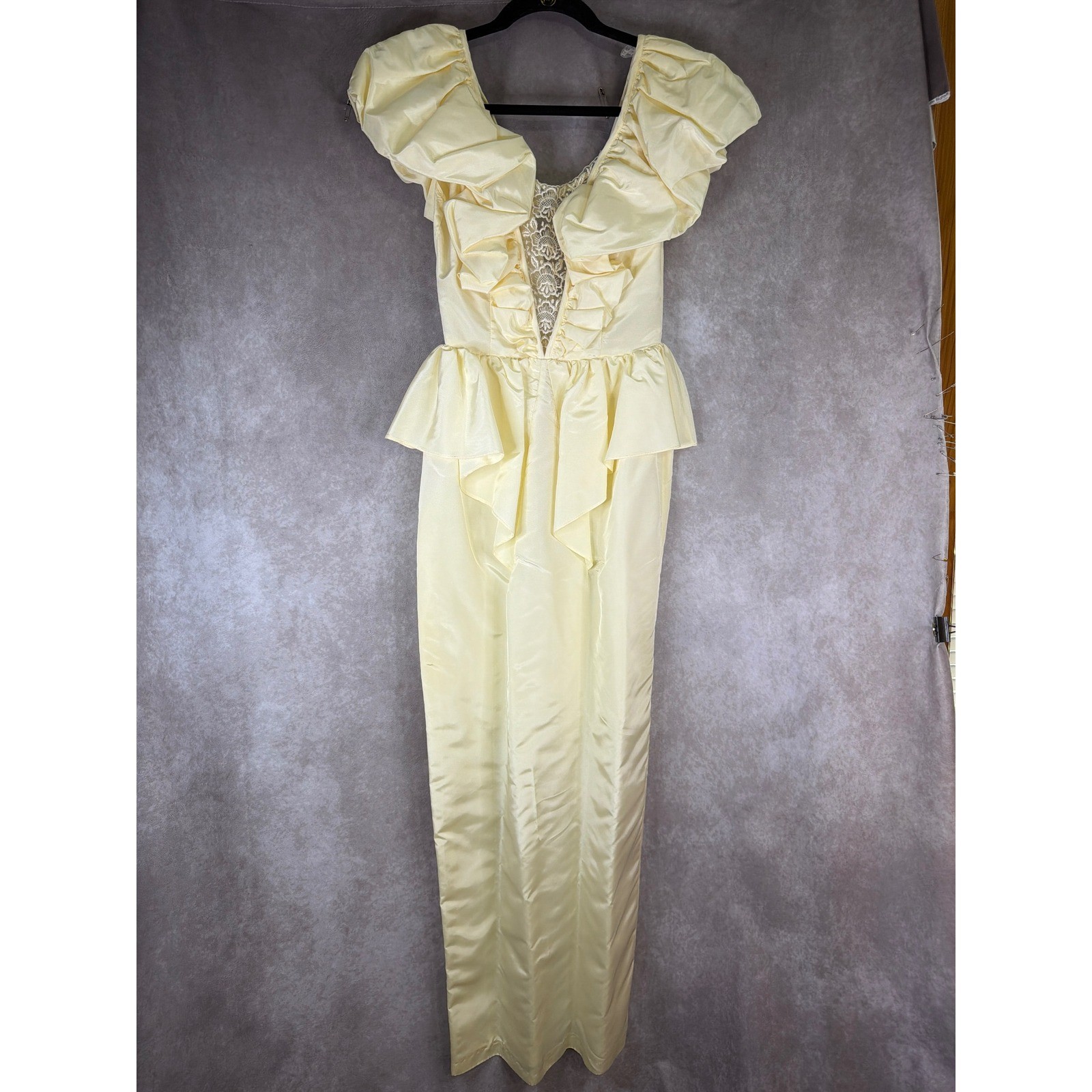 Climax Karen Okada Dress Womens 5/6 Ivory Vintage 80s Ruffle Peplum Gown