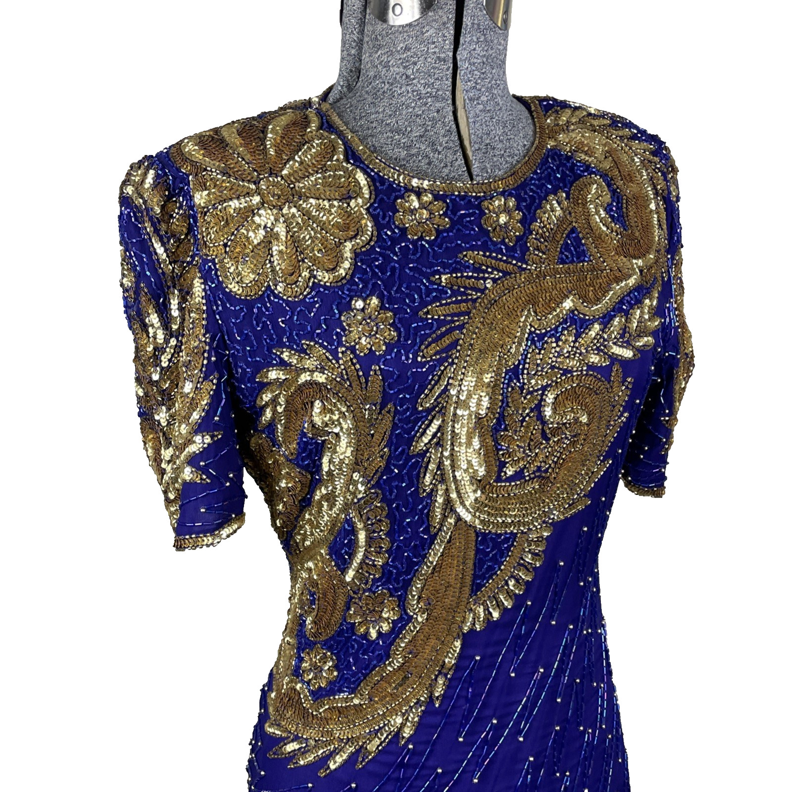 Vintage Lawrence Kazar Cocktail Dress Silk Beaded Sequins Size XS Purple Gold
