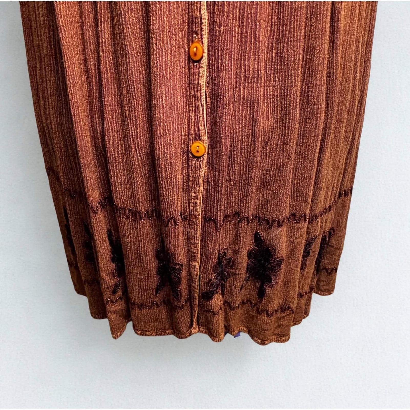 Vtg Brown Maxi Dress Embroidered Tie Back Sz Medium Boho Renaissance Fairy