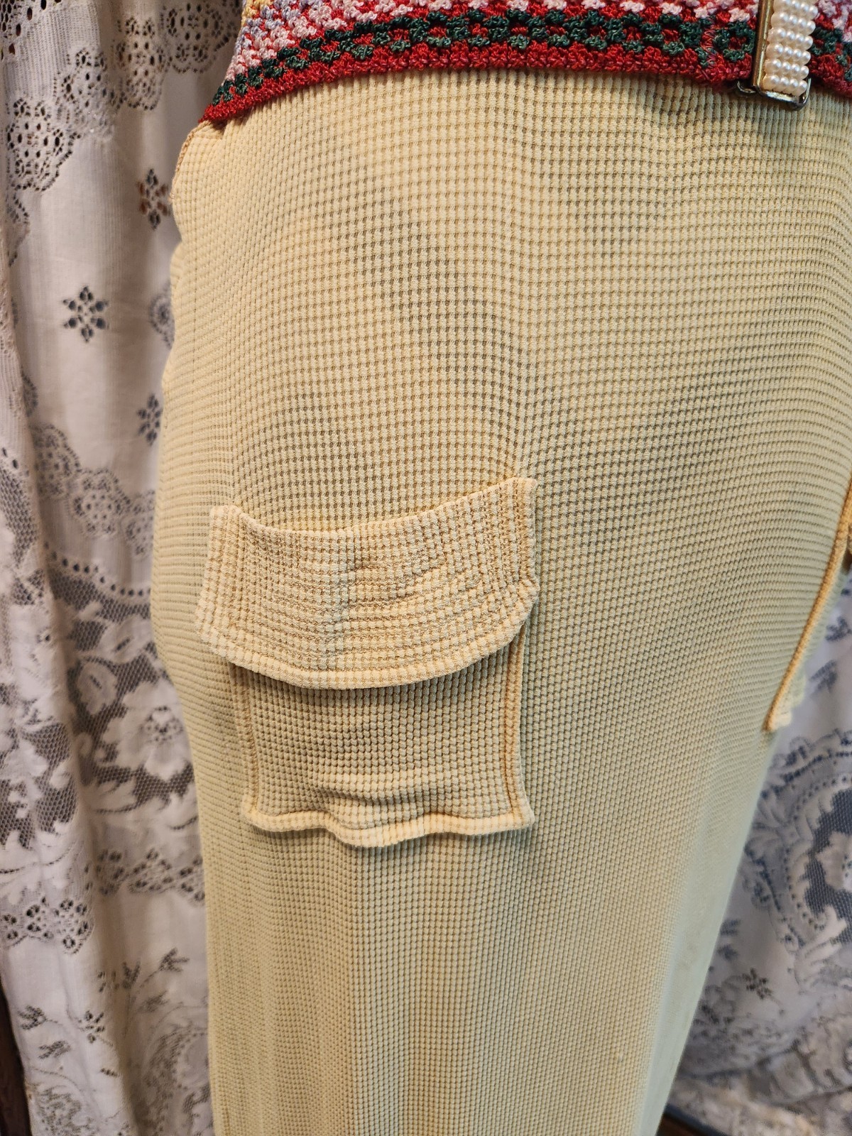 Vintage 1930s Yellow Waffle Knit Dress with Flutter Sleeves and Pockets
