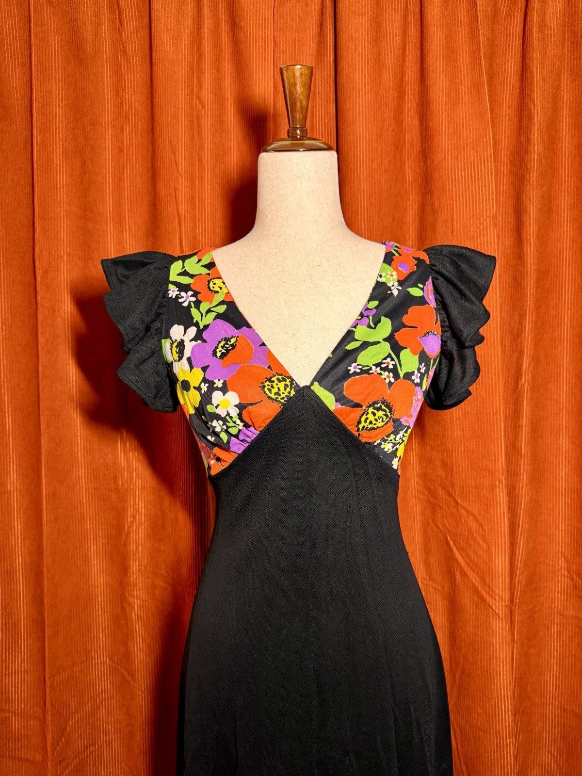 Vintage Handmade 70s Style Floral Maxi Dress Black Open Back Ruffle Sleeve S/M