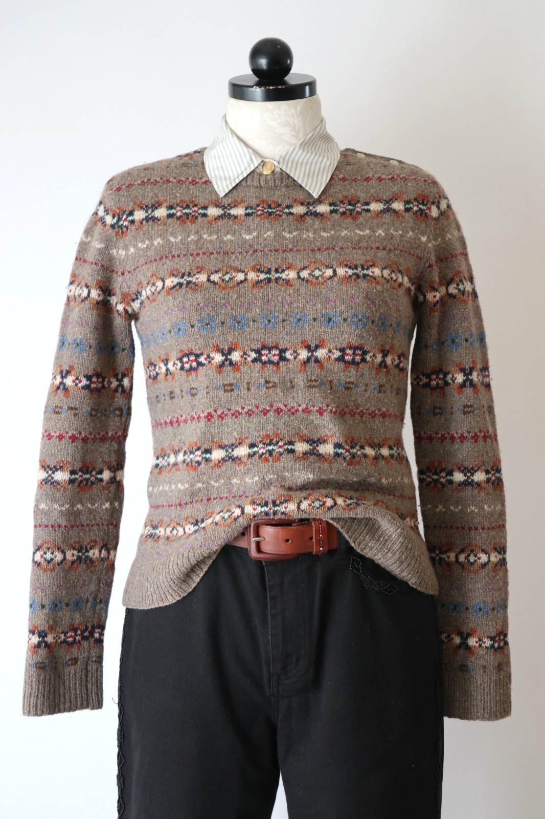Ralph Lauren Beige Wool Cashmere Fair Isle Crewneck Handknit Sweater Women XS S