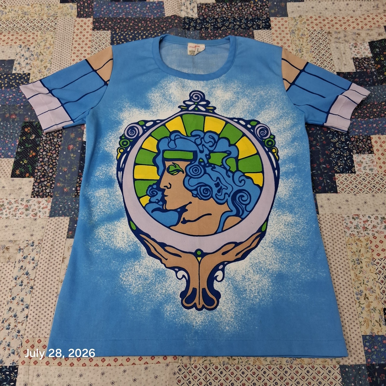 True Vintage 70s Art Nouveau Woman T Shirt Womens M Blue Hippie Single Stitch