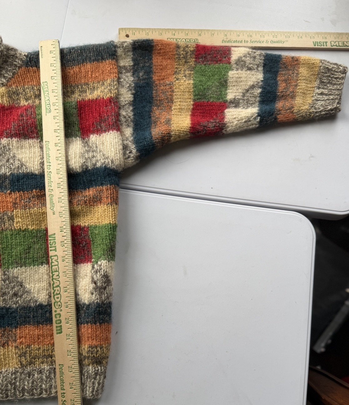 Vtg Patchwork Wool Knit Sweater L/XL Chunky Fuzzy Oversized Multicolor Bright