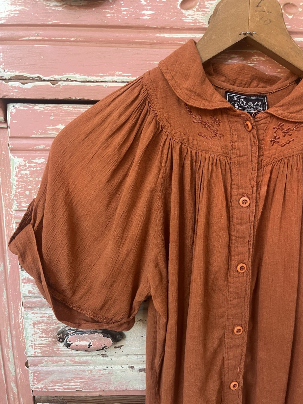 Vintage 70s India Cotton Gauze Embroidered Puff Sleeve Orange Rust Tunic Blouse