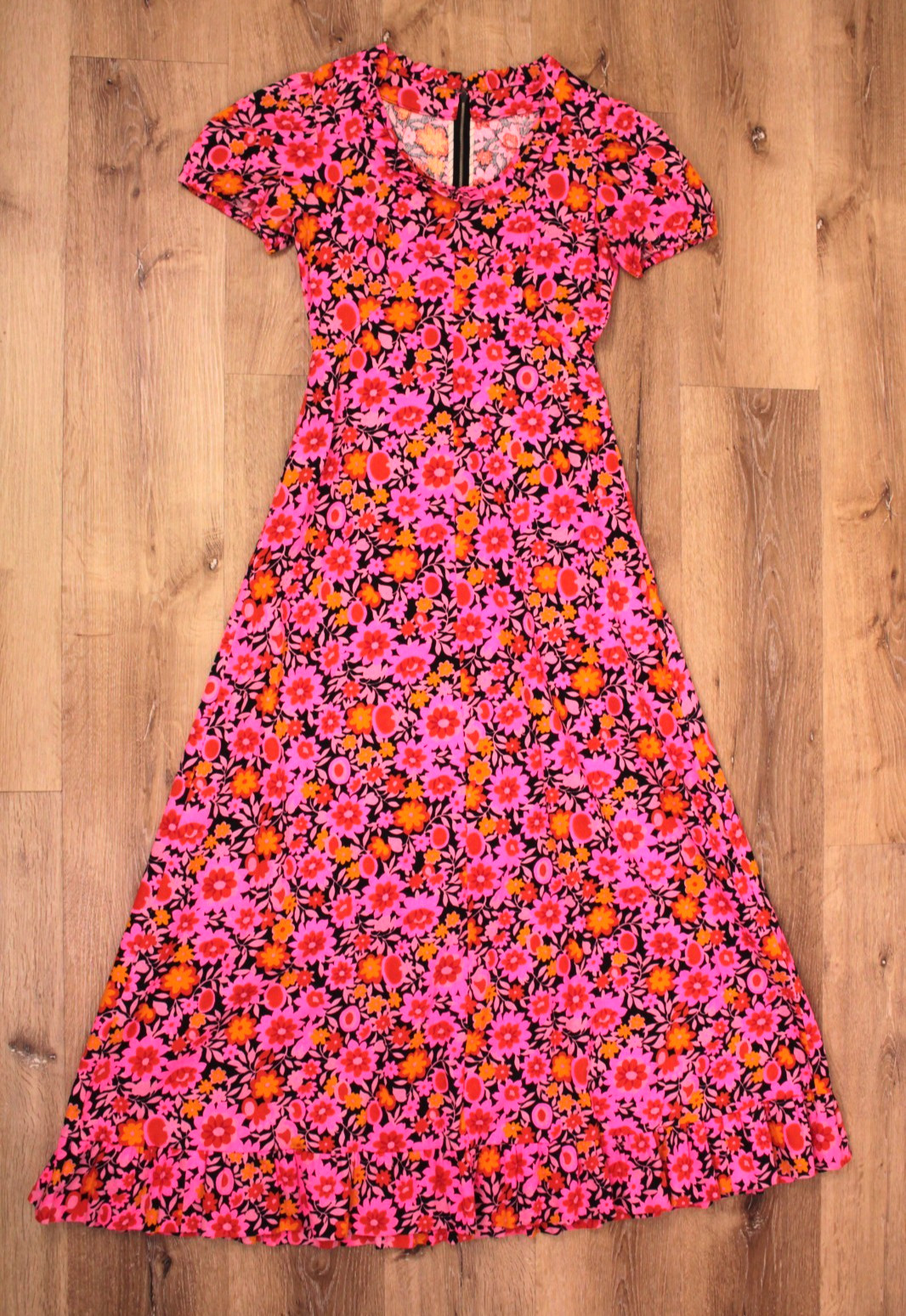 Vtg Women’s 60s Hot Pink & Orange Psychedelic Floral Maxi Dress XS/S 1960s