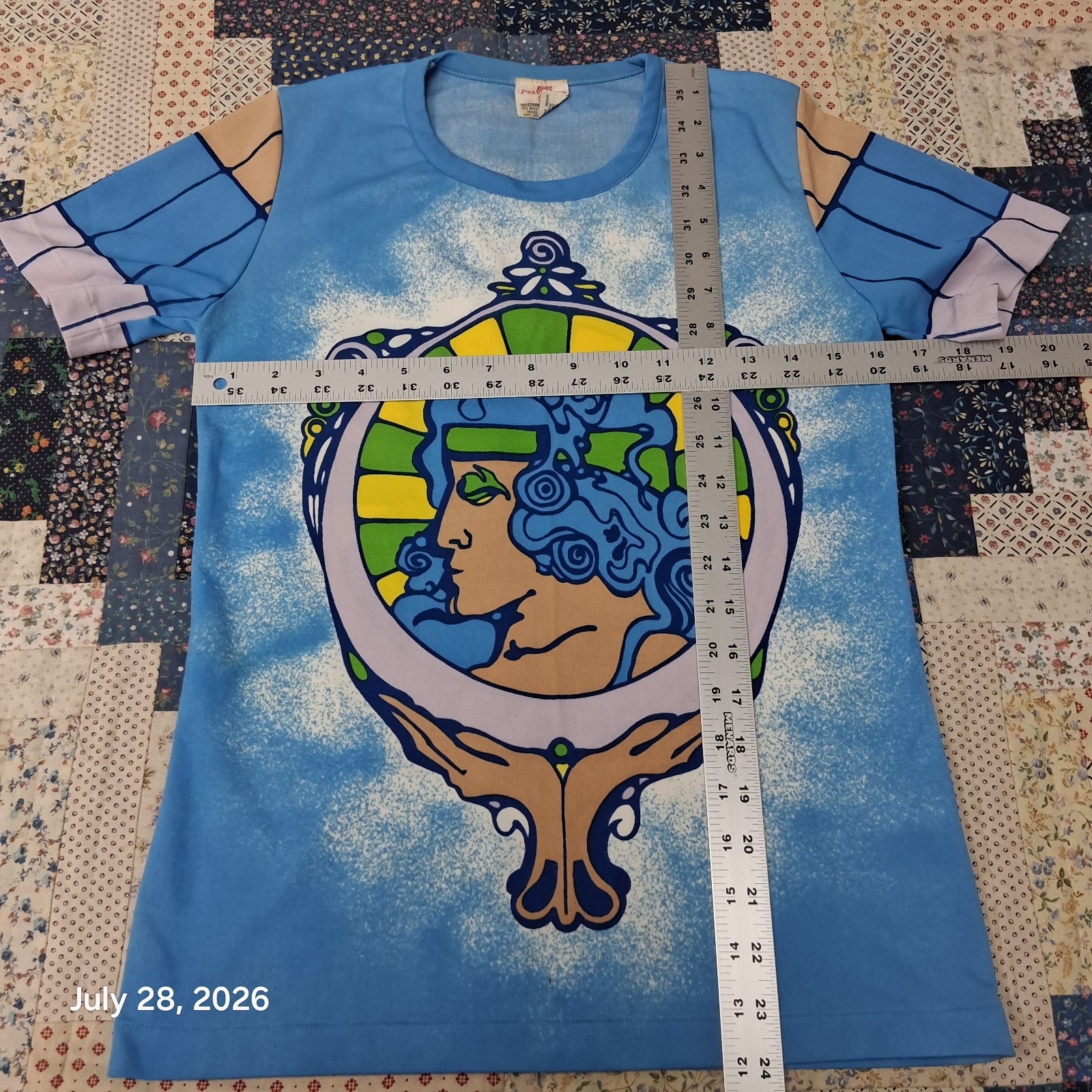 True Vintage 70s Art Nouveau Woman T Shirt Womens M Blue Hippie Single Stitch