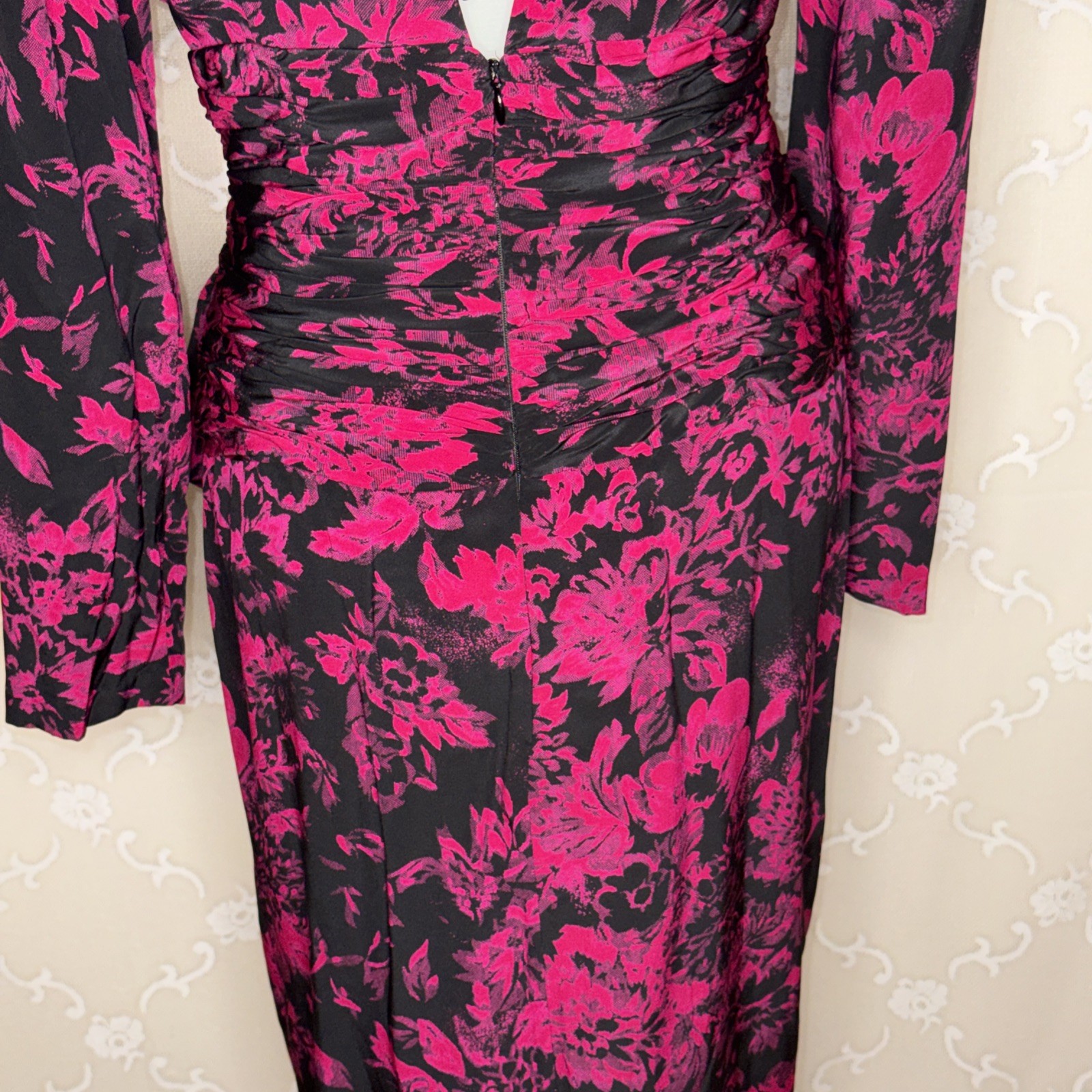 VTG Yves Cassette Magenta & Black Silk Bust Lined Cocktail Dress Sissy Bow SZ 10
