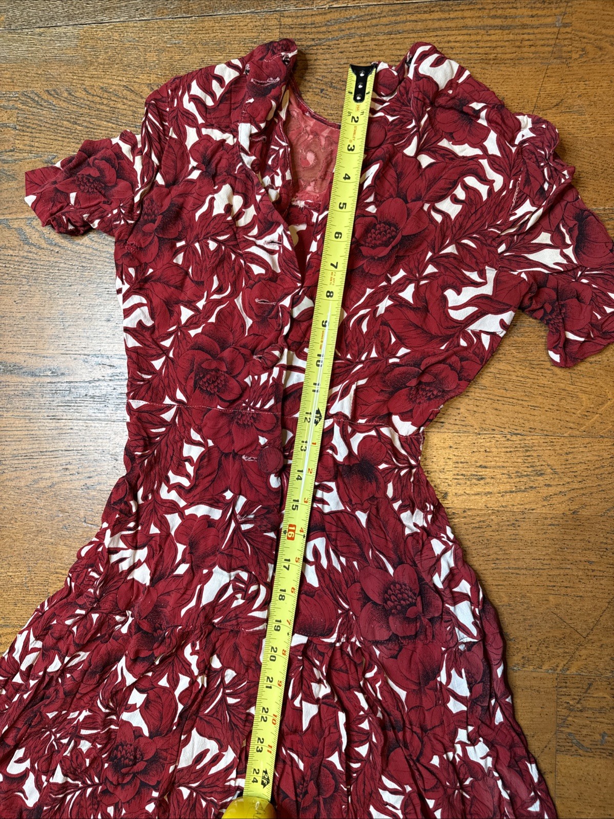 Antique 1930s Cranberry Floral Crepe Dress – Appliqué Netted Yoke – Back Buttons