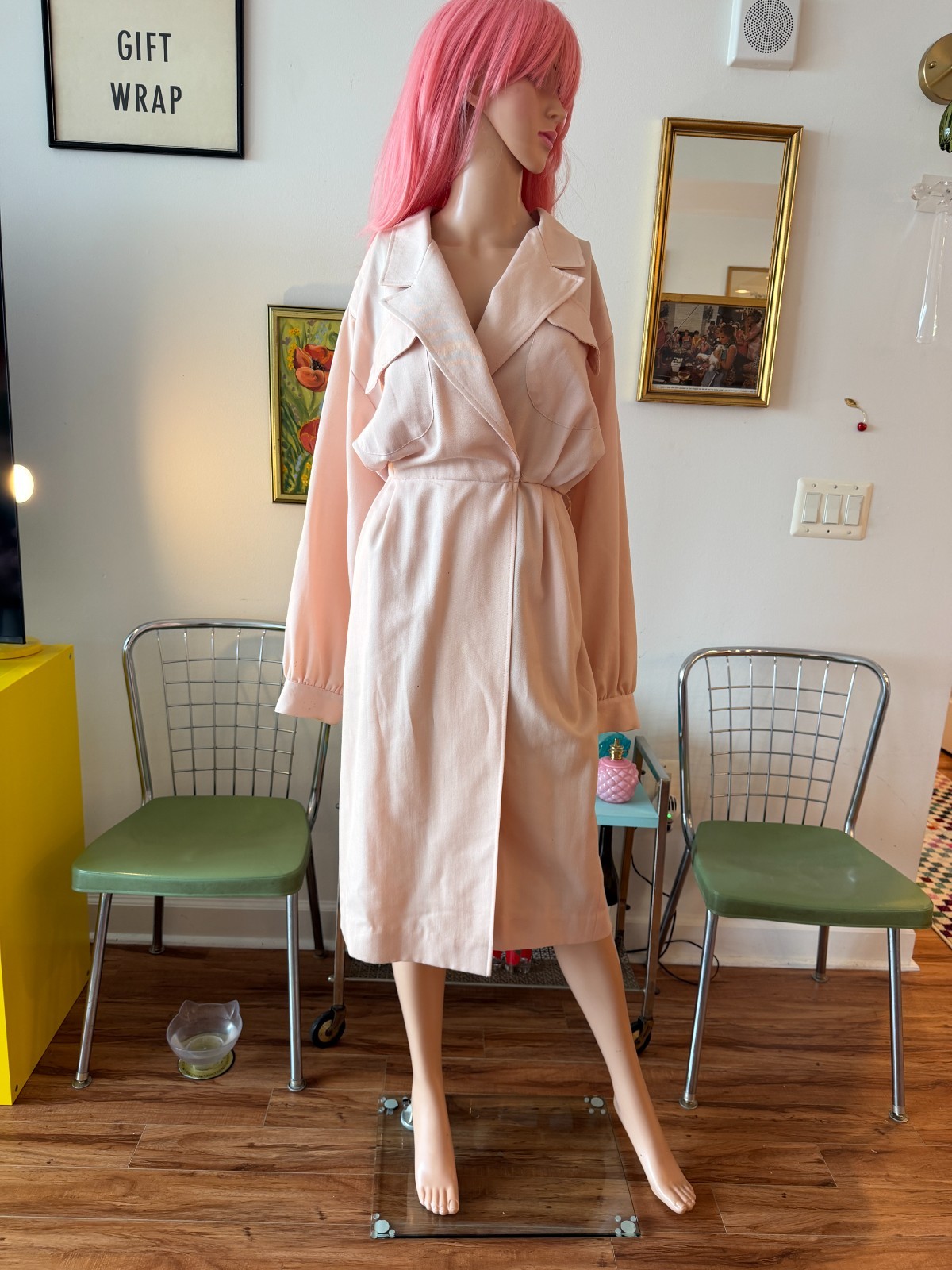 🤍 Vintage 80s Garfinckel’s Blush Safari Wrap Shirt Dress Working Girl USA M/L