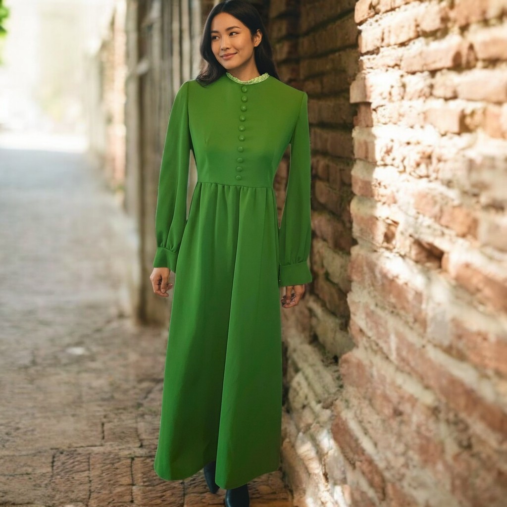 VTG Long Dress Longsleeve Floor Length Kelly Green Sz S Edwardian 60s 70s Basic