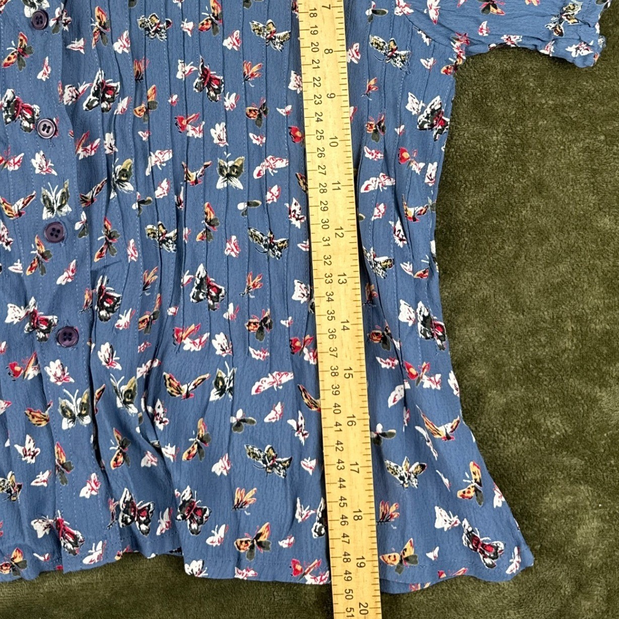 Arrived Vintage 90s Butterfly Print Pleated Blouse Blue Rayon Puff Sleeve Medium