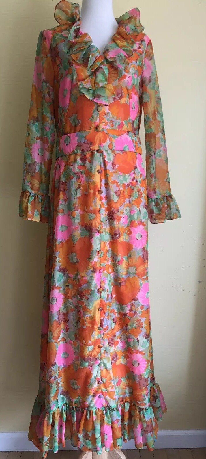 Vintage 70s Psychedelic Bright Pink Orange Floral Long Hippie Dress Sz Sm-Medium