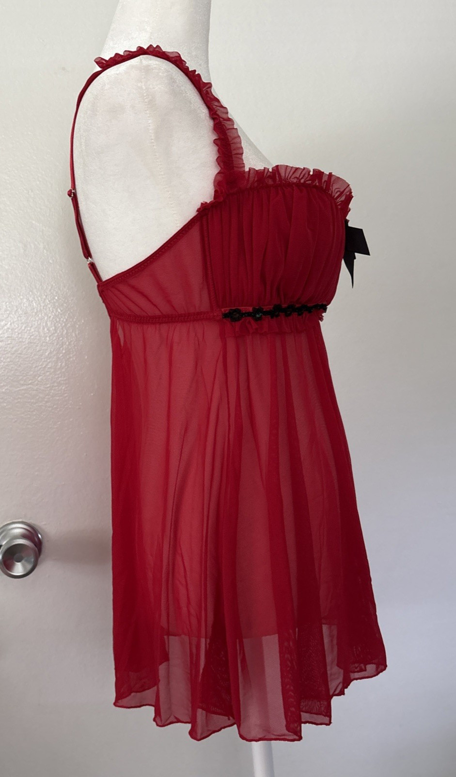 Vtg Fredericks of Hollywood L BabyDoll Slip Sheer Red Lace Coquette Burlesque