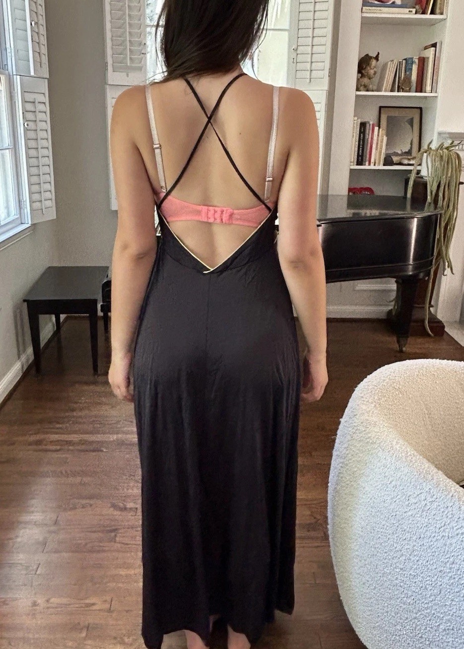 Vtg 60s Lily Of France L Nightgown Maxi Nylon Black Gold Trim Keyhole Low Back