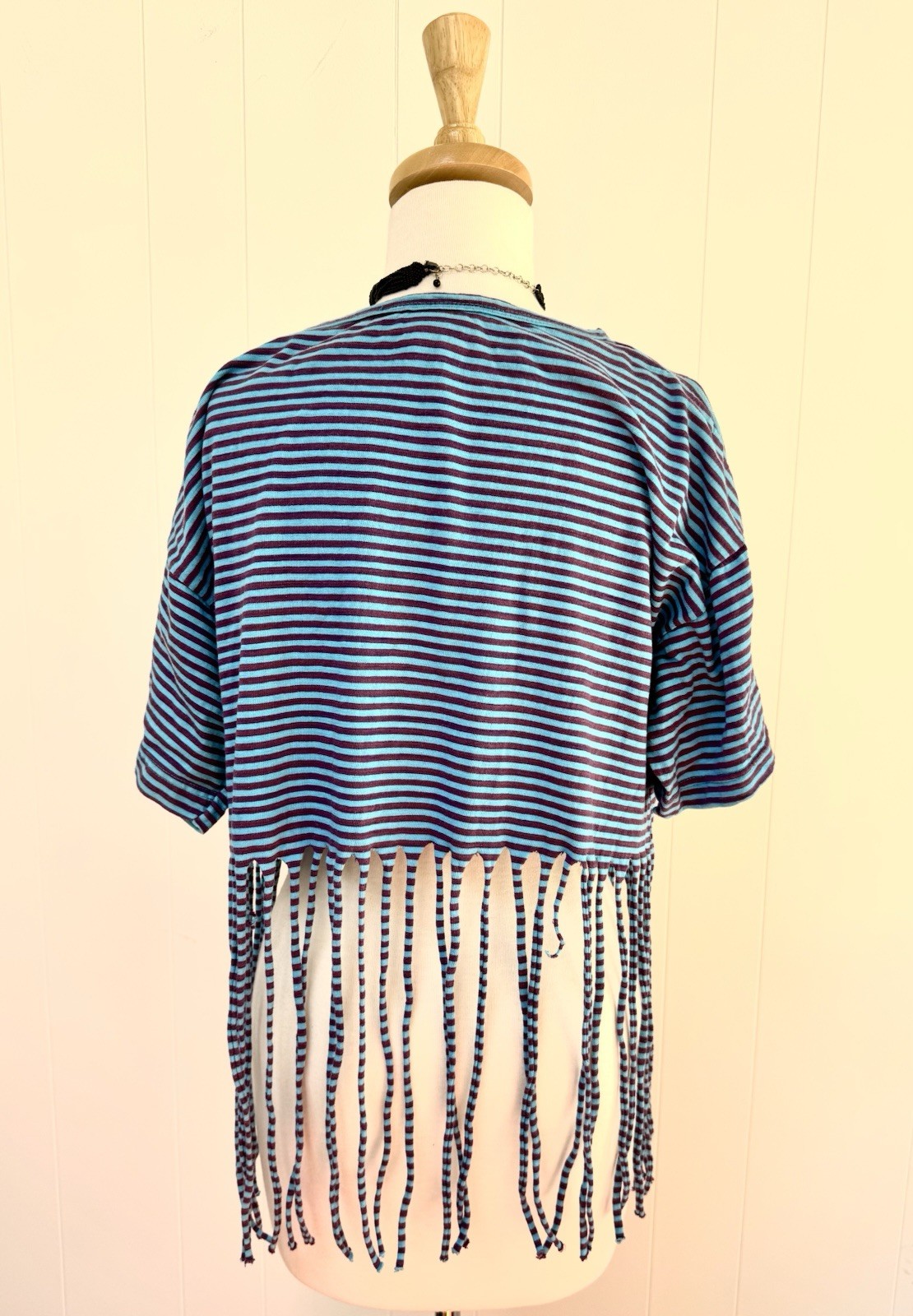 Vintage Jou Jou 80s Striped Crop Fringe Shirt Tee T One Size Blue Purple VTG