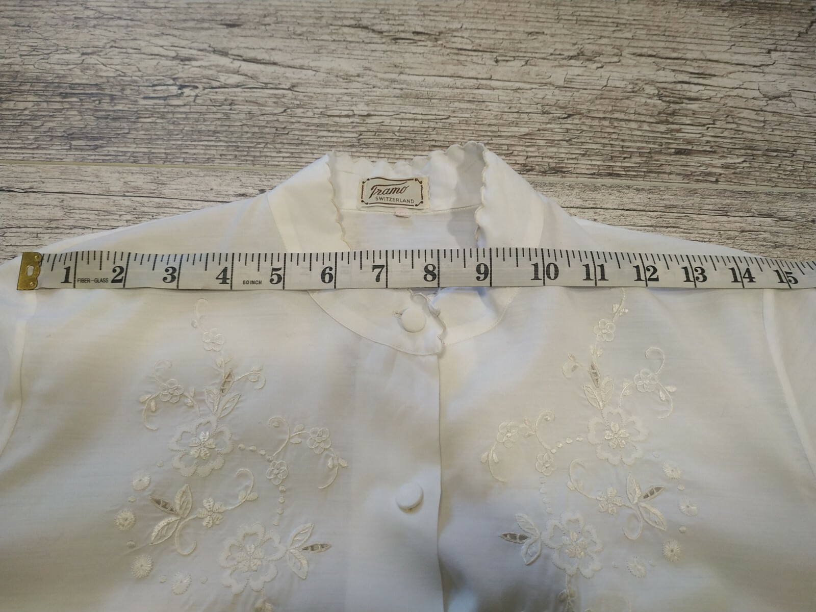 VINTAGE 60’s White Polyester Blend Blouse Embroidery Tramo Switzerland Size 38