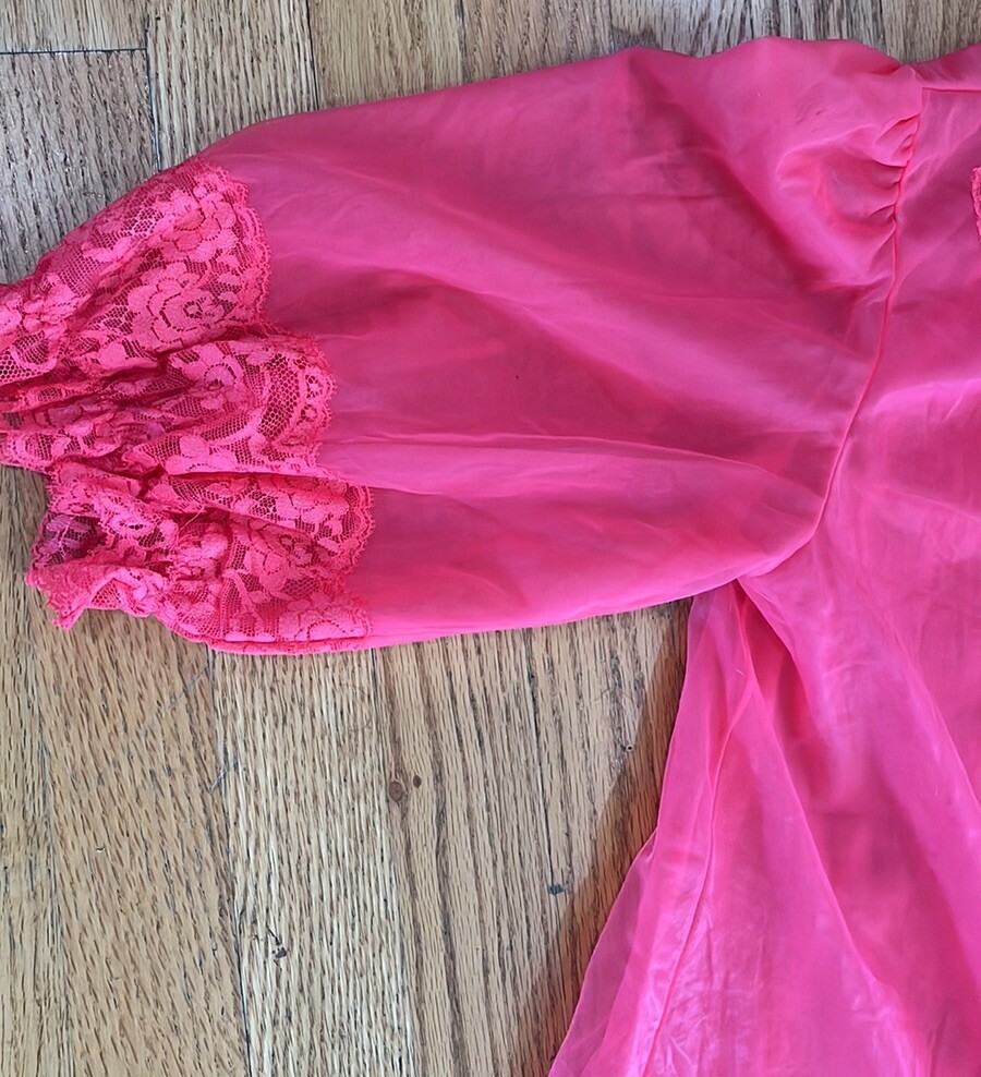 60s Vtg Pale Red Sheer Nylon MIDI Robe Chiffon & Lace Boudoir Lingerie Sexy