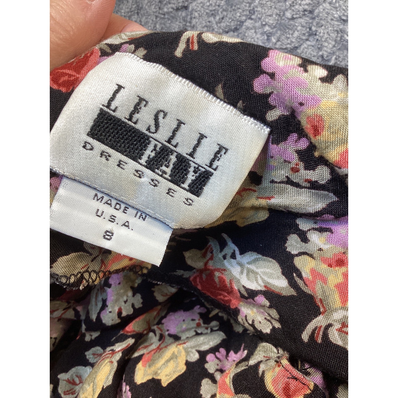 Vintage Leslie Fay Floral Midi Dress Black Long Sleeve 90s USA Made Size 8