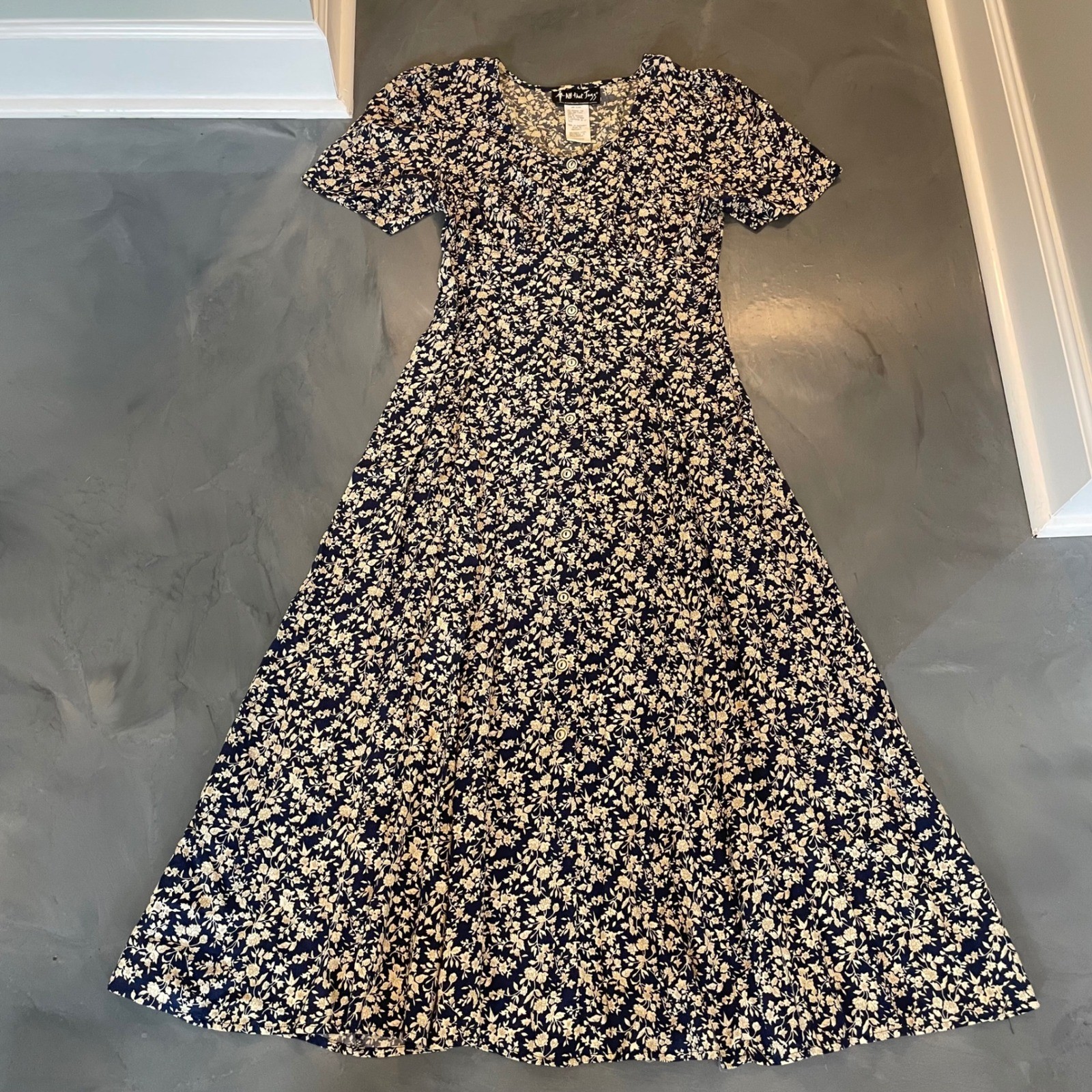 VTG All That Jazz 90s Navy Floral Button Front Maxi Dress Size 11 Cottagecore