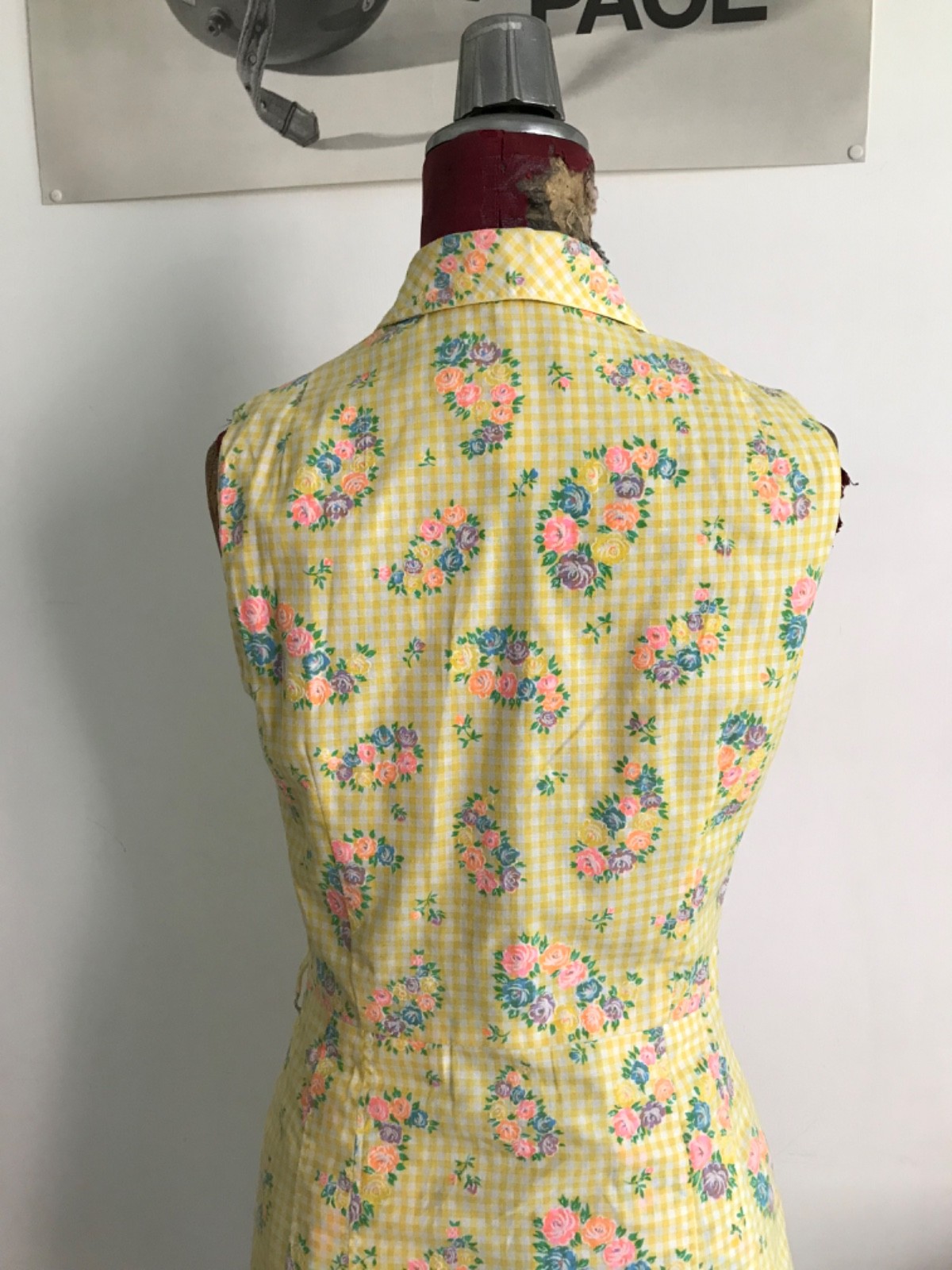 Vintage 70s Betty Barclay Yellow Plaid Flower Chemisier Dress Size XS S