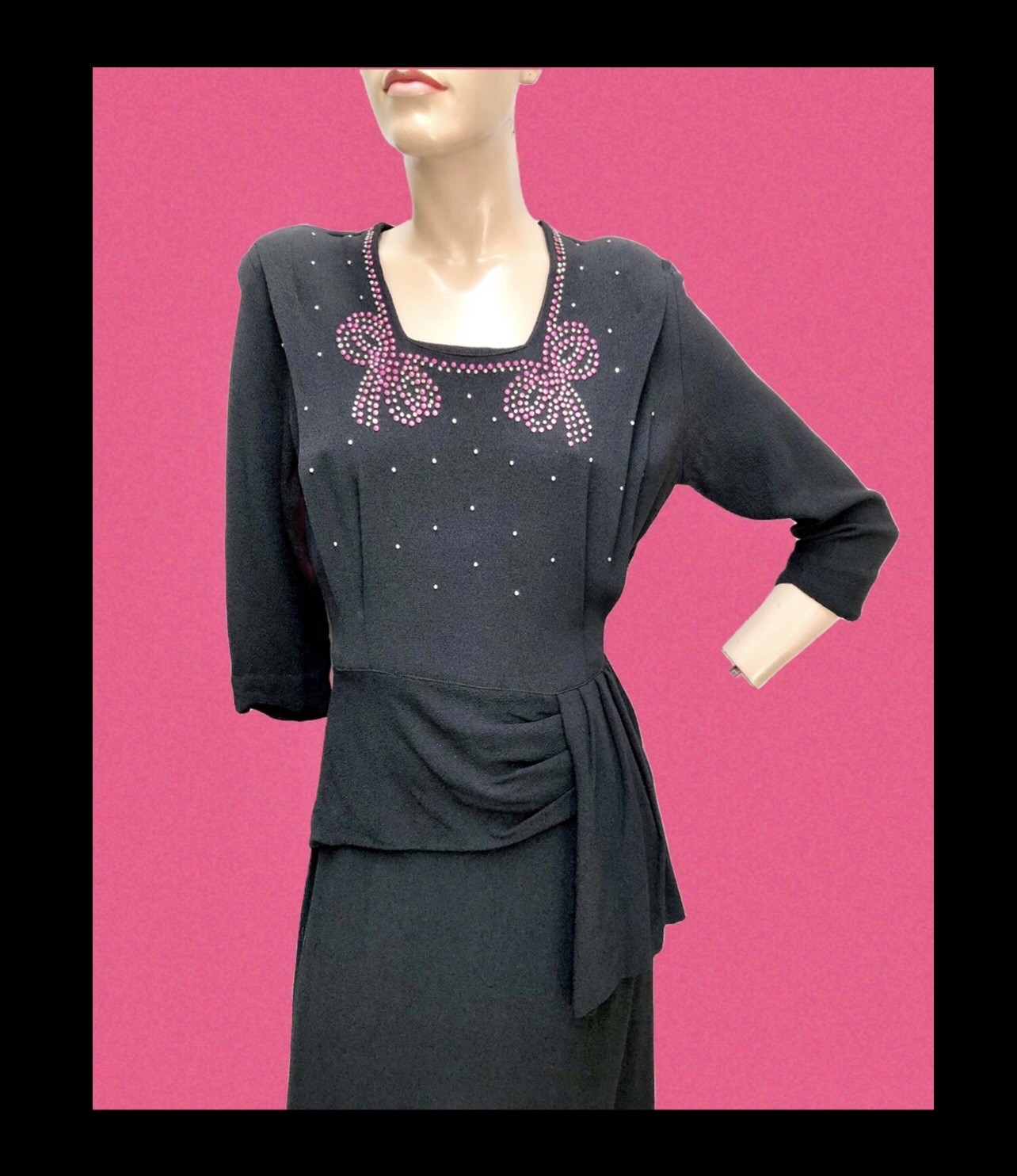 VTG 1940s Rayon Crepe PINK SILVER STUDDED SWING DRESS Waterfall Draped Peplum