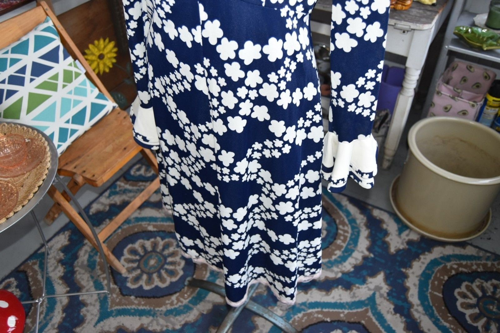 Vintage 1970 Julie Miller CA Dress Bell Sleeve Stars Print Boho Hippie Sz Medium