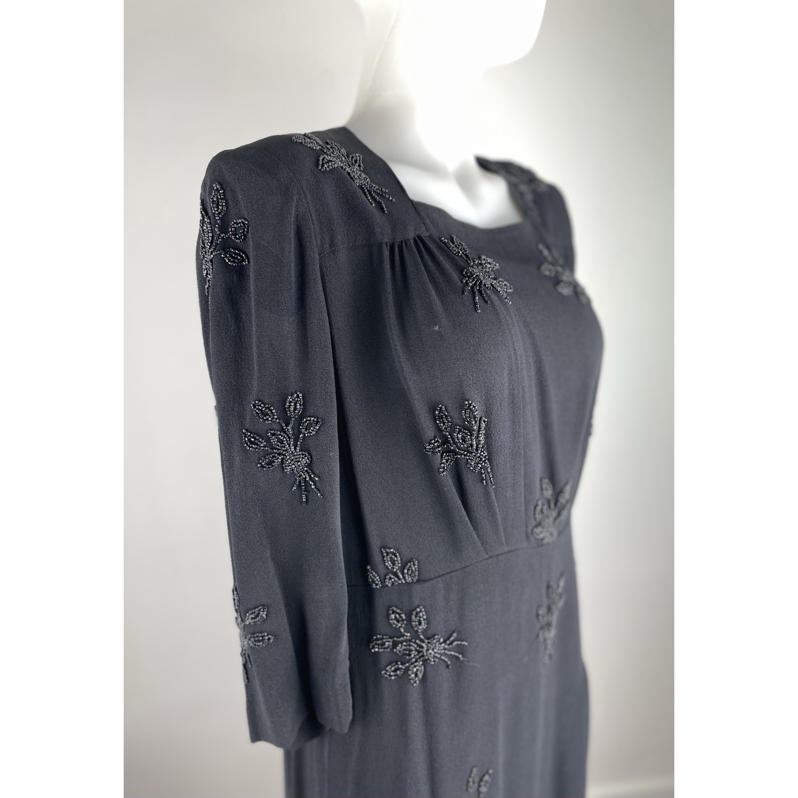 Vintage 40s Black Beaded Rayon Dress Beaded Formal Elegant READ