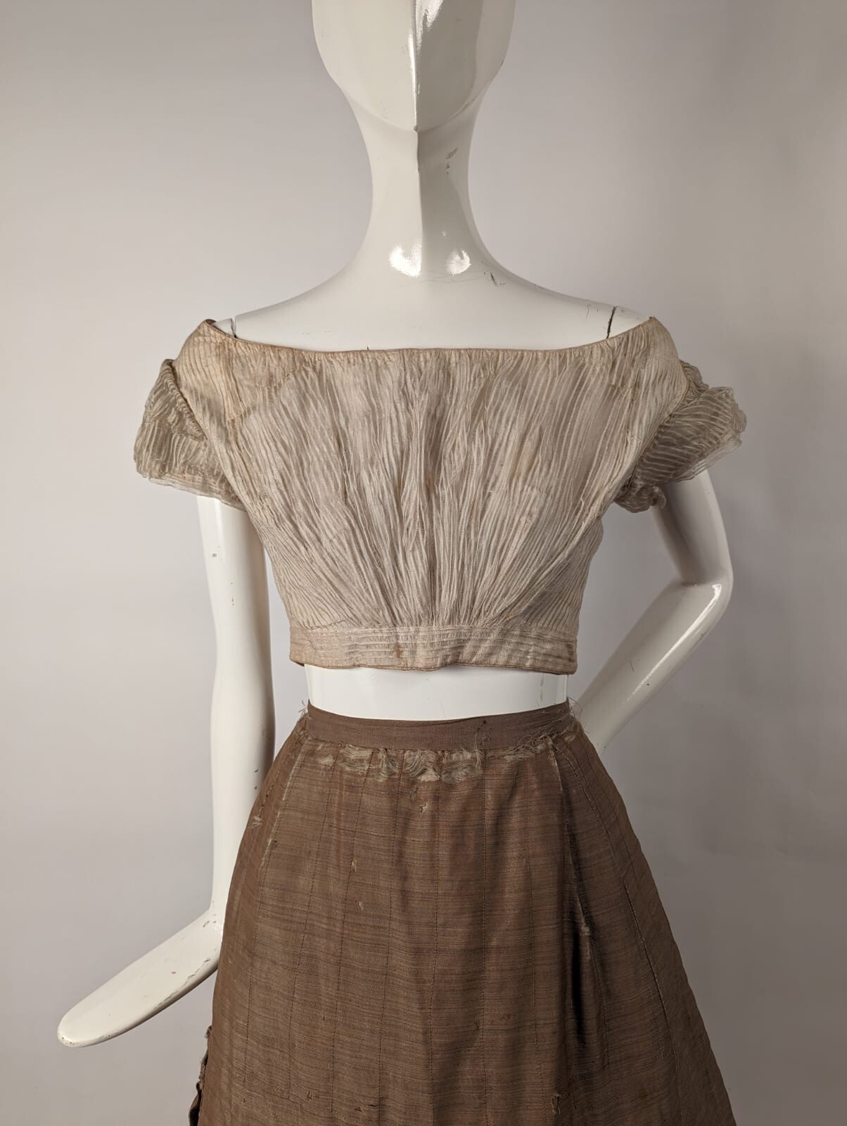 HAND SEWN CIVIL WAR 1850’S STRIPED WHITE GAUZE BALL GOWN BODICE TOP 