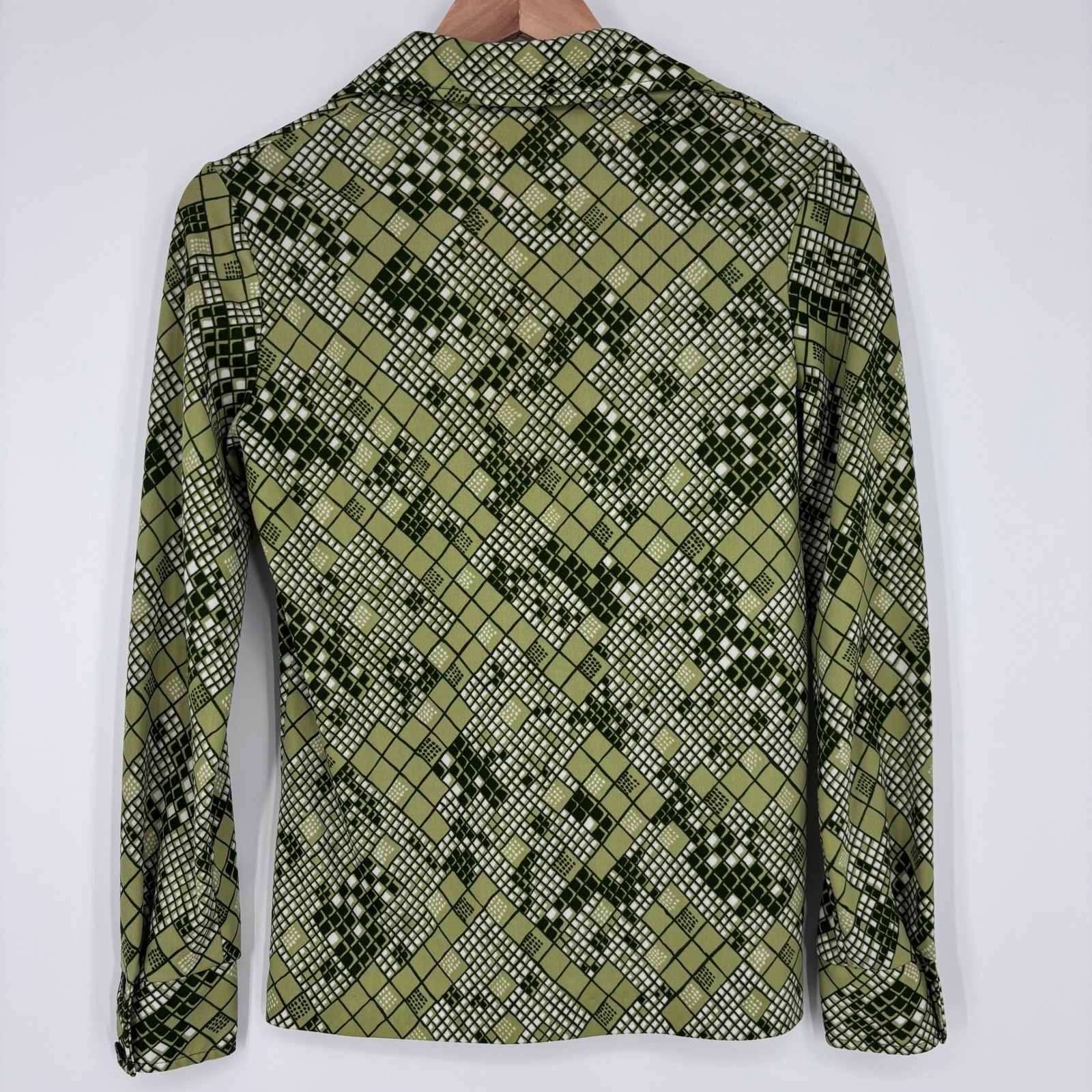 VTG 70s Disco Shirt Womens 10 Green Geometric Alex Colman Blouse Mod Retro Funky