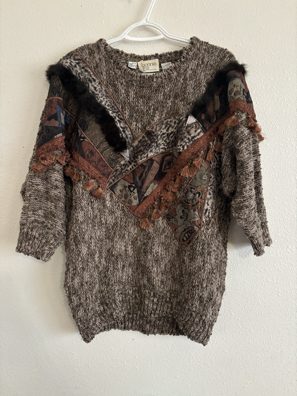 Vintage Bonnie And Bill Knit Crochet Sweater Fur Tassel Size Small