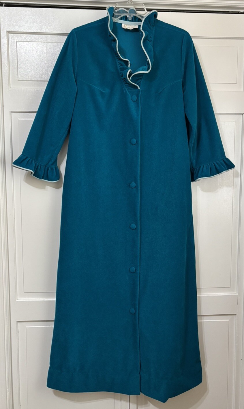 Vintage JC Penny Teal Long Button Up Plush ROBE Women’s Size 14 Made in USA