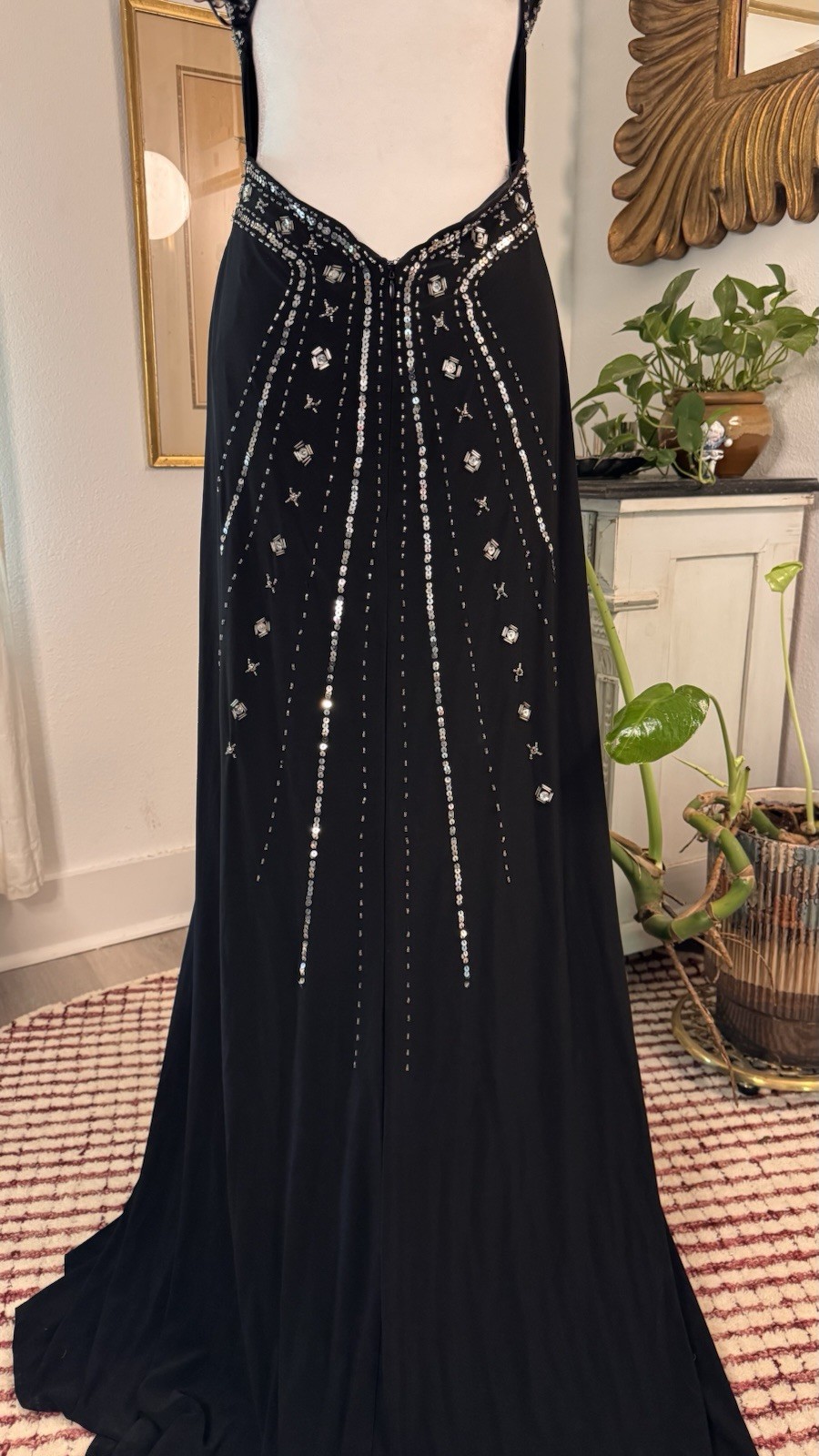 Stunning 90s Vintage Black and Silver Beaded Floor Length Gown