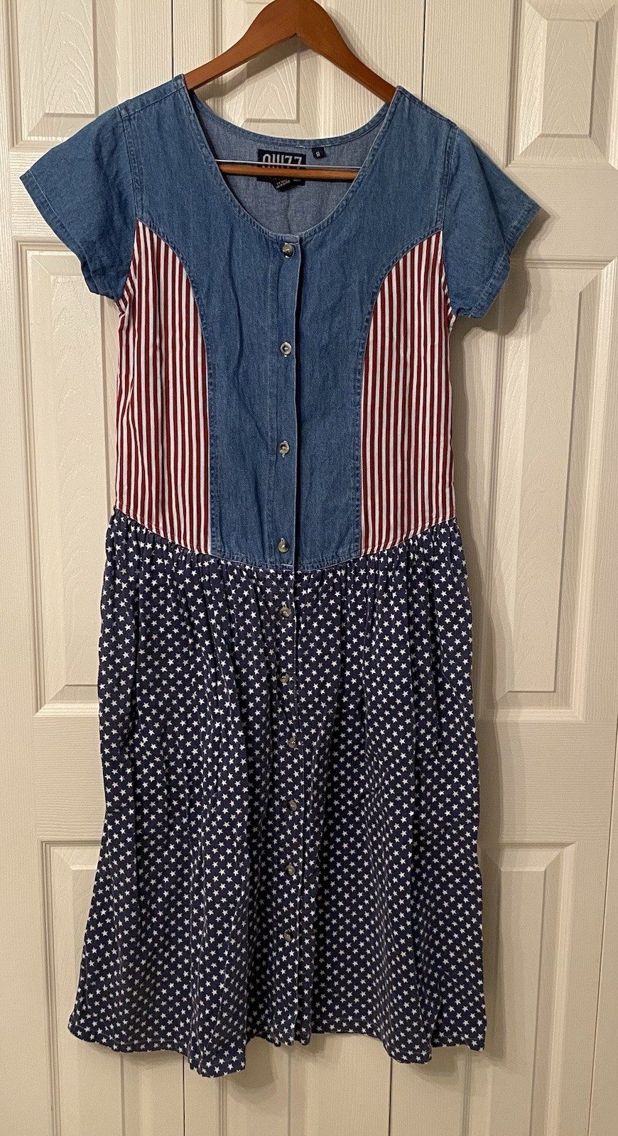 Vintage 90’s Americana Denim Dress Cottage core Medium Flag Quizz USA
