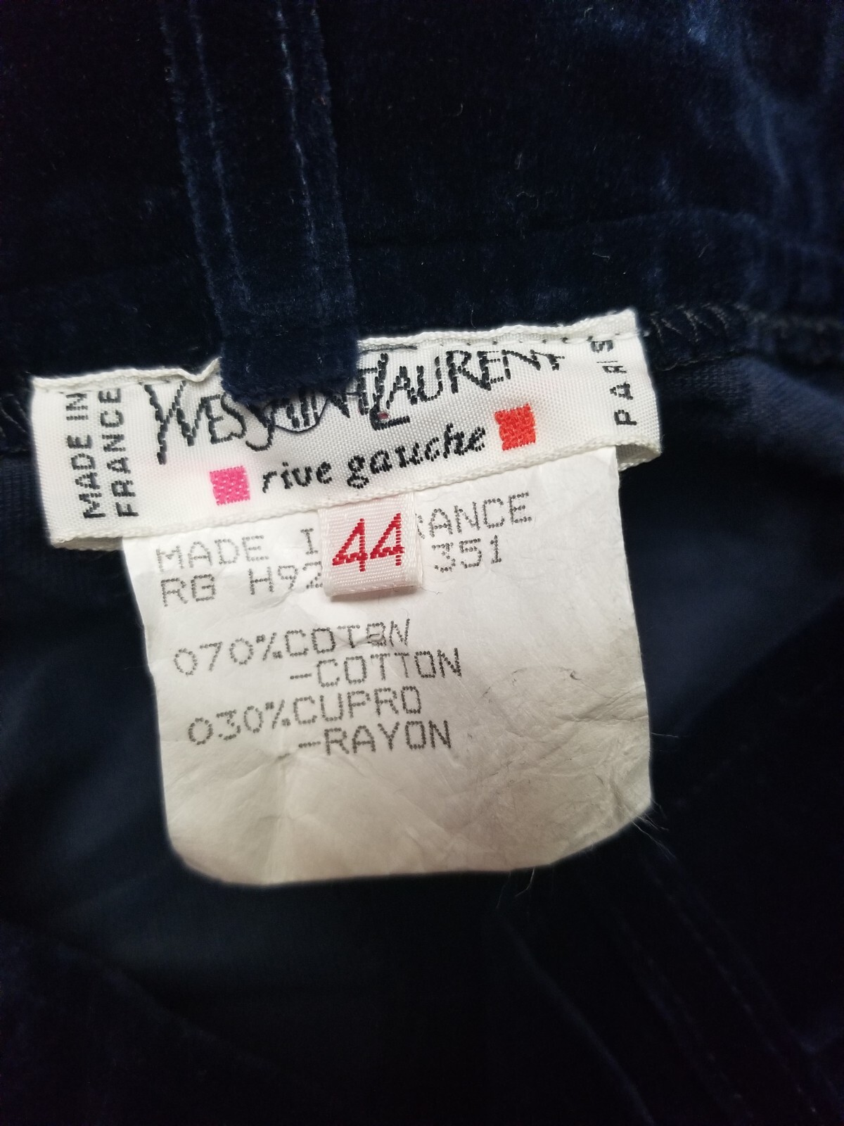 1980’s YVES SAINT LAURENT RIVE GAUCHE Blue Velvet trousers Womens Vintage Pants