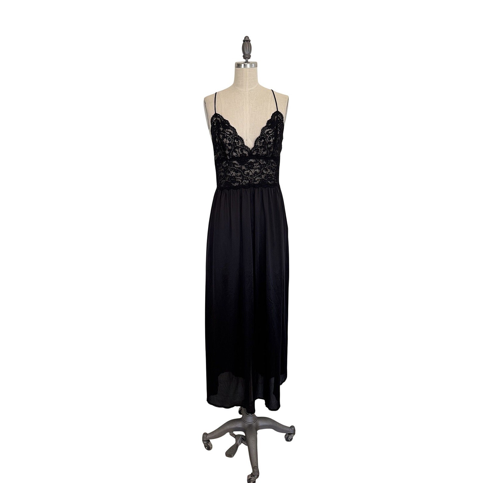 Miss Elaine Vintage Nightgown Slip Dress Lace Black Size Slit with Bows Sz M