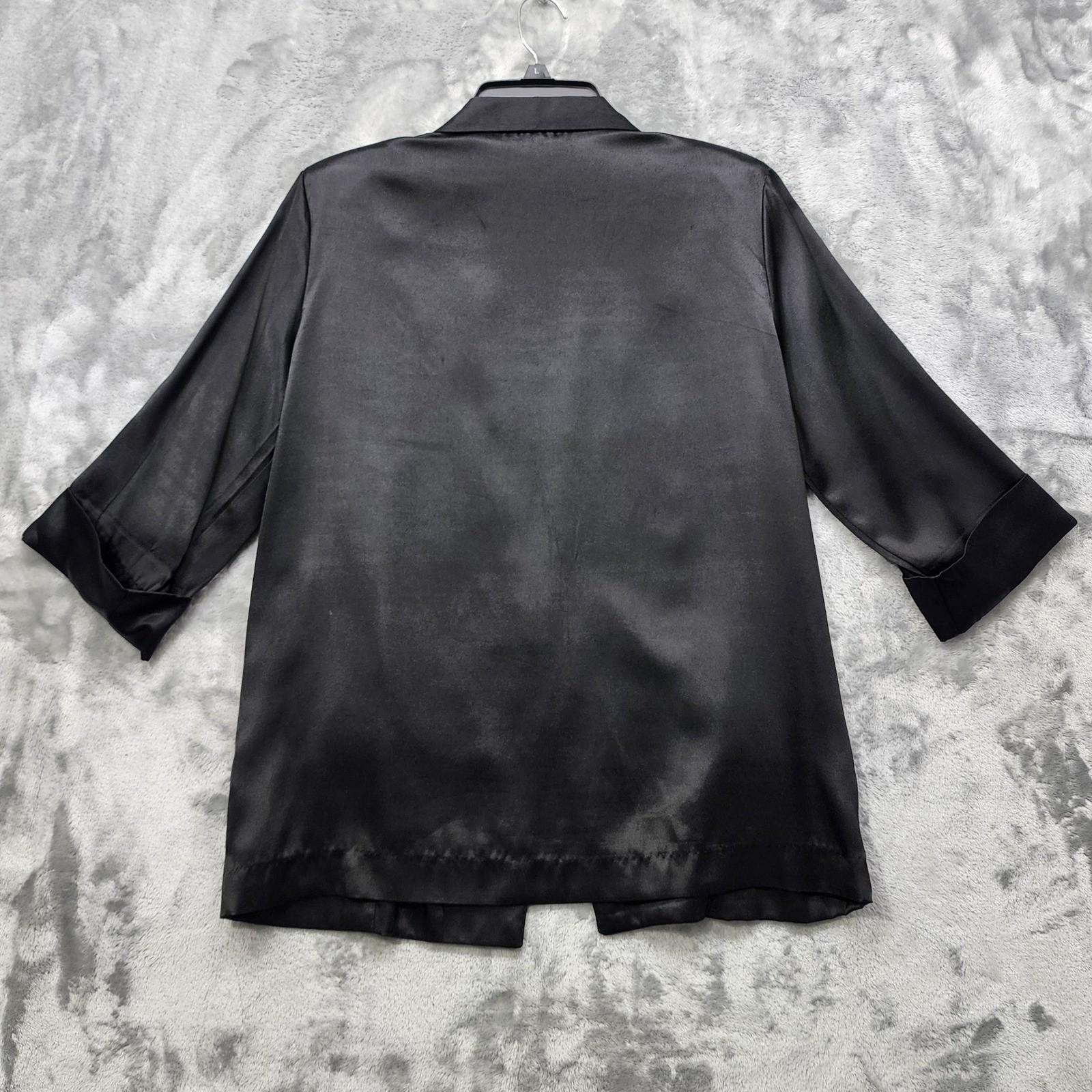 Vintage Joanna Blazer Womens S Black Satin Open Front Cuffed 3/4 Sleeve Tuxedo