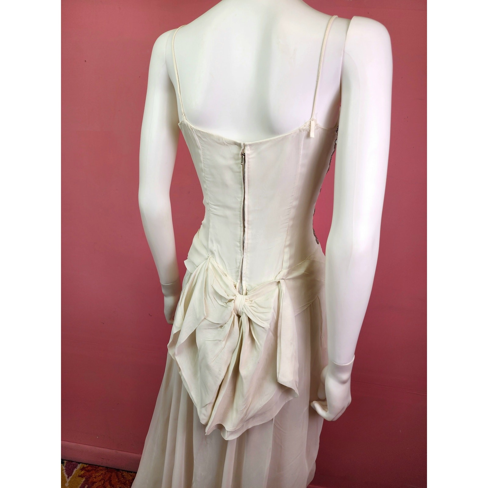 Vintage Late 1940’s White and Silver Sequin Bodice Chiffon Gown with Bow Back