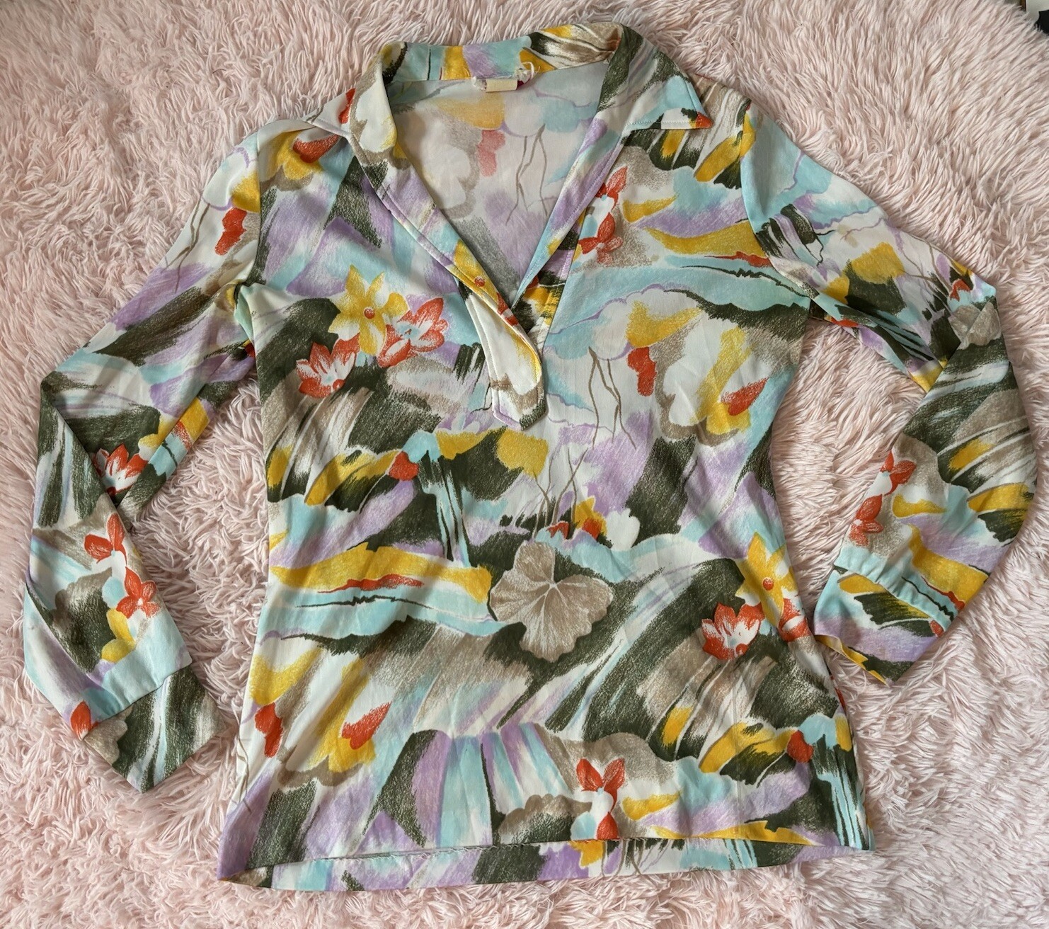 Vintage 70s Aladdin Groovy Top Beautiful Art Lily Pad Color Splash •M Retro Core