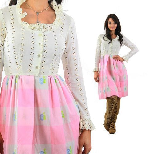 Vintage VTG 60s hippie boho dress pink white gingham print