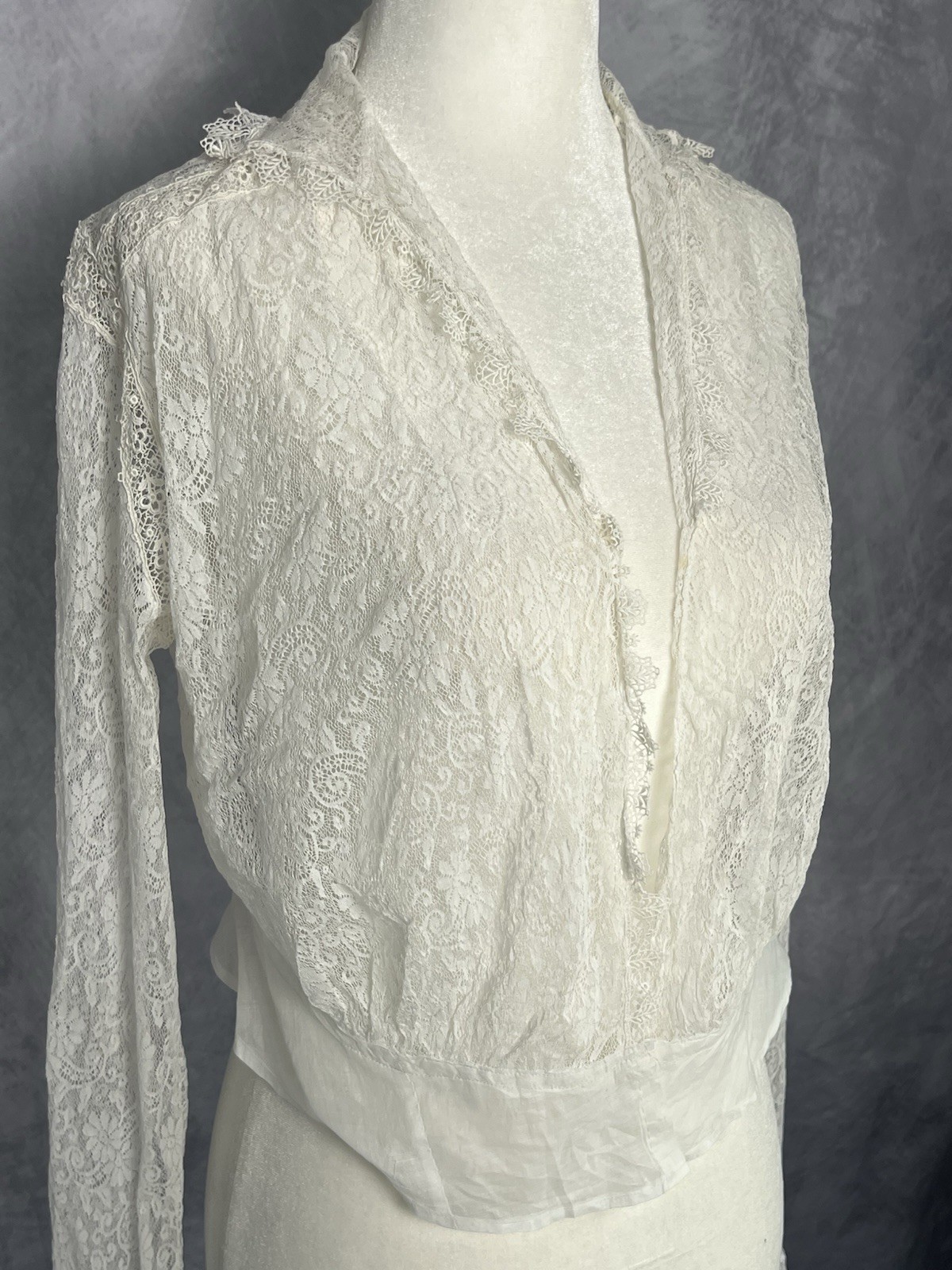 Vintage Antique c.1910 Edwardian White Lace & Crochet Cardigan Blouse Jacket S