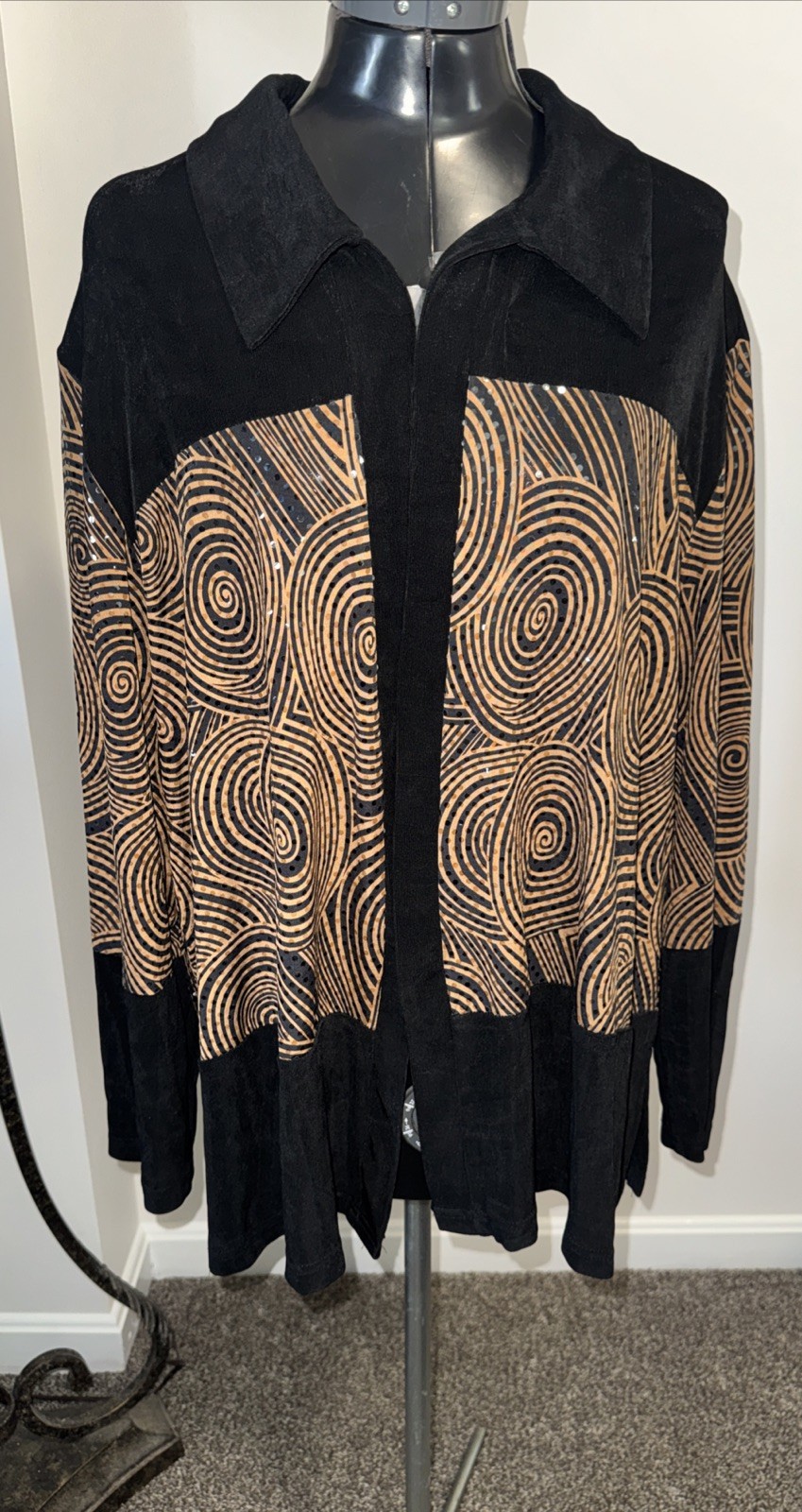 VTG 80s KOKOMO Open Knit TUNIC jacket sequin Geometric Brown Black Womens 1X USA