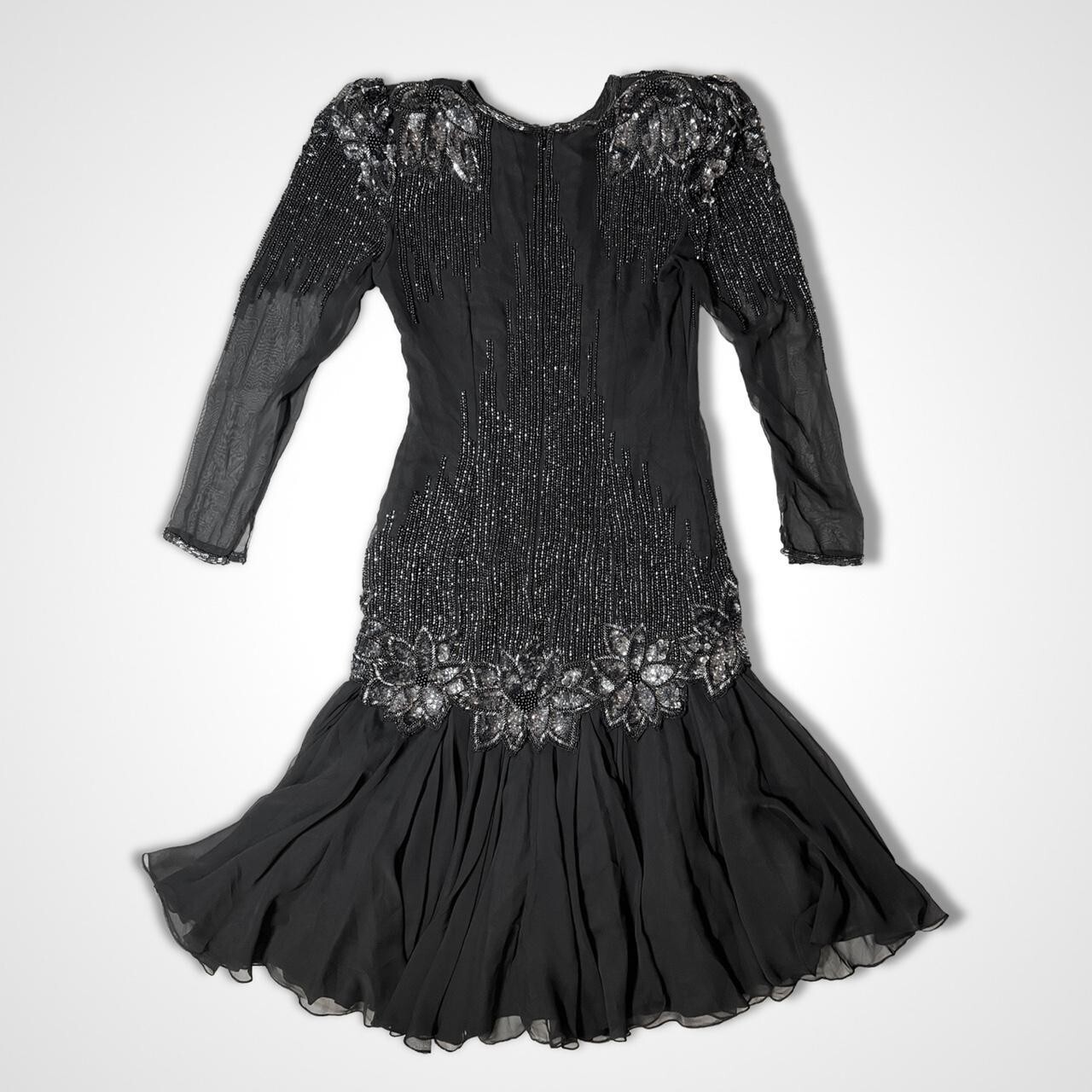 Sequined Beaded Vintage 90s Drop Waist Black Silver Floral Dress Gatsby 20s Para