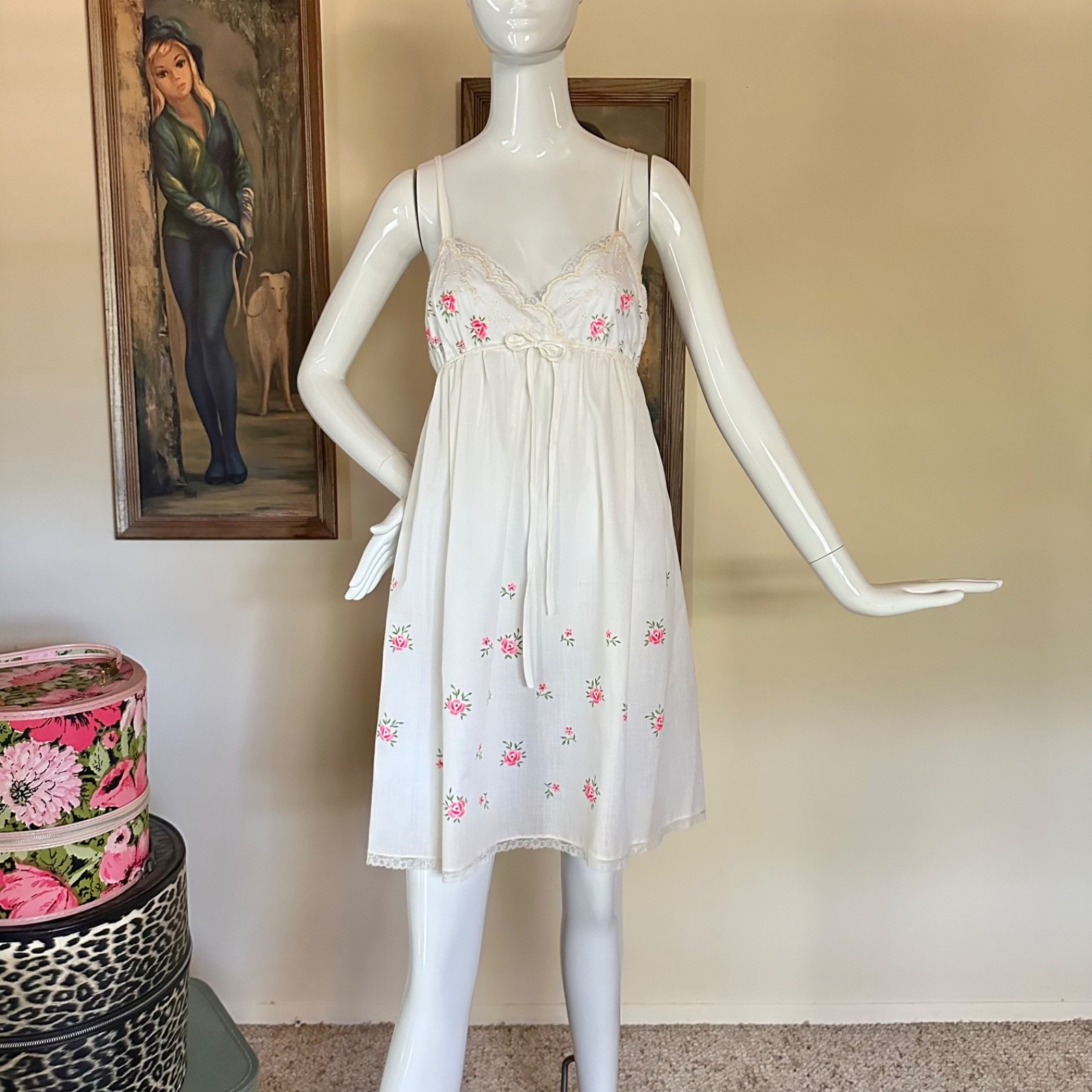 Vintage 1960s Sweet Pink Flowers Babydoll Nightgown & Robe Cotton Pajama Set S